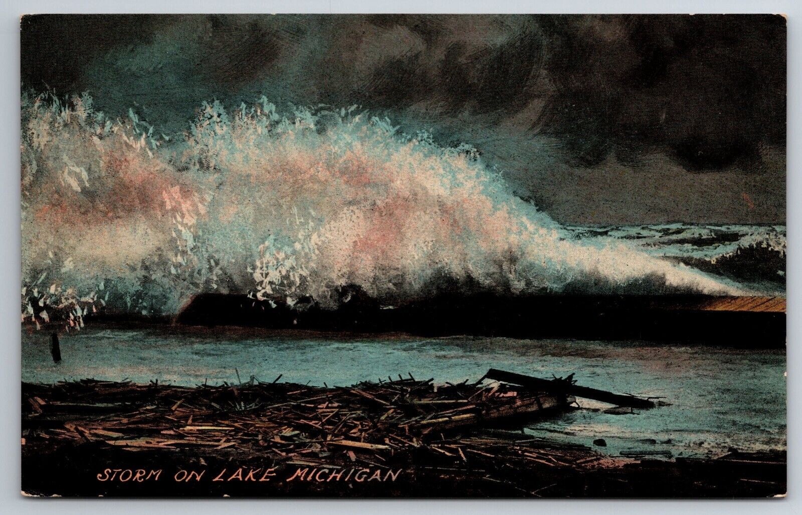 Vintage Postcard MI Lake Michigan Storm Big Waves Divided Back