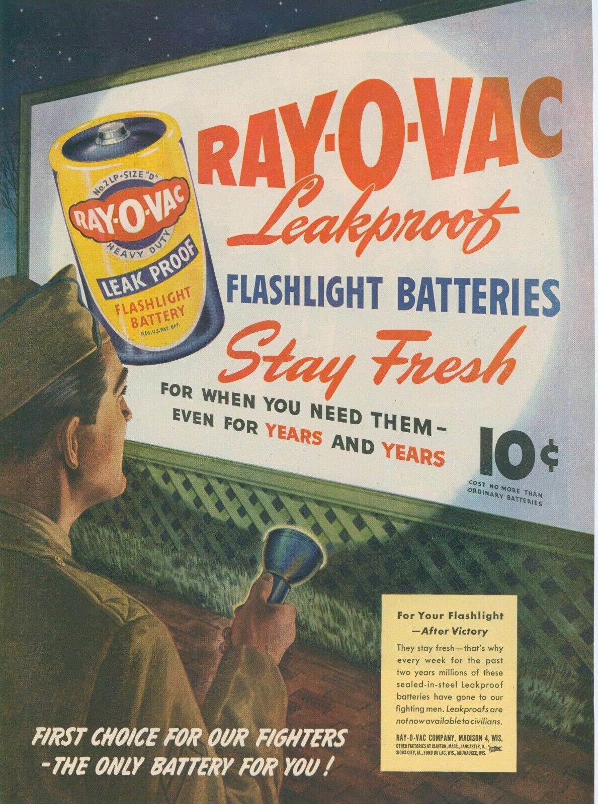 1945 WWII Ray O Vac Flashlight Batteries Fighters Military Vintage Print Ad L25