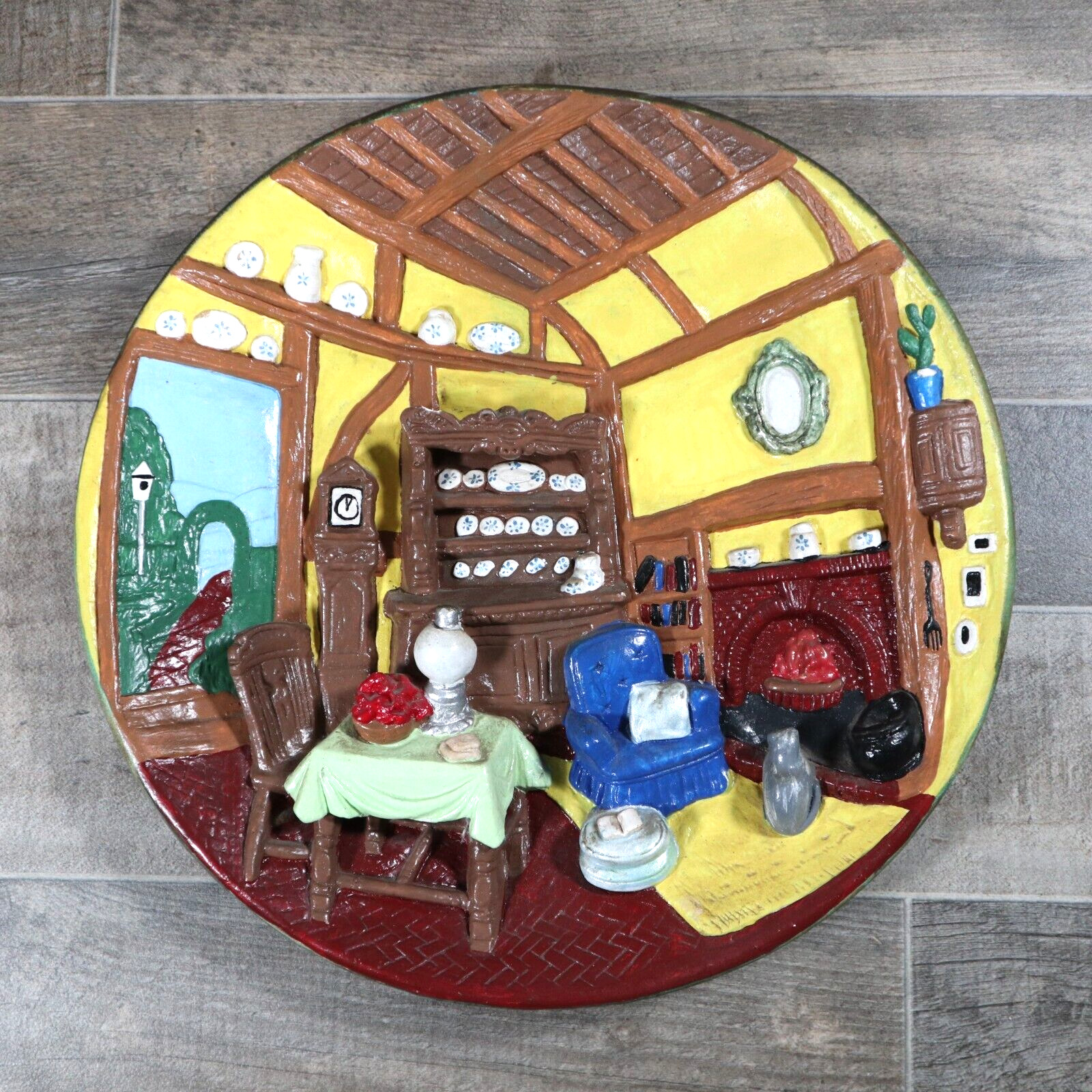 VTG 3D Plaster Chalkware Wall Plaque Colorful Kitchen Cottage Farmhouse Scene
