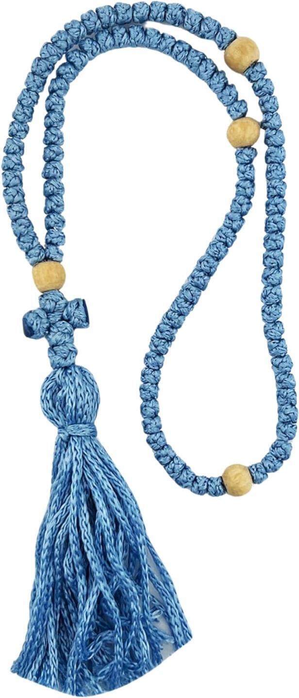 100 Knots Orthodox Blue Prayer Knotted Rope With Cross Made in Lebanon 6.5 In