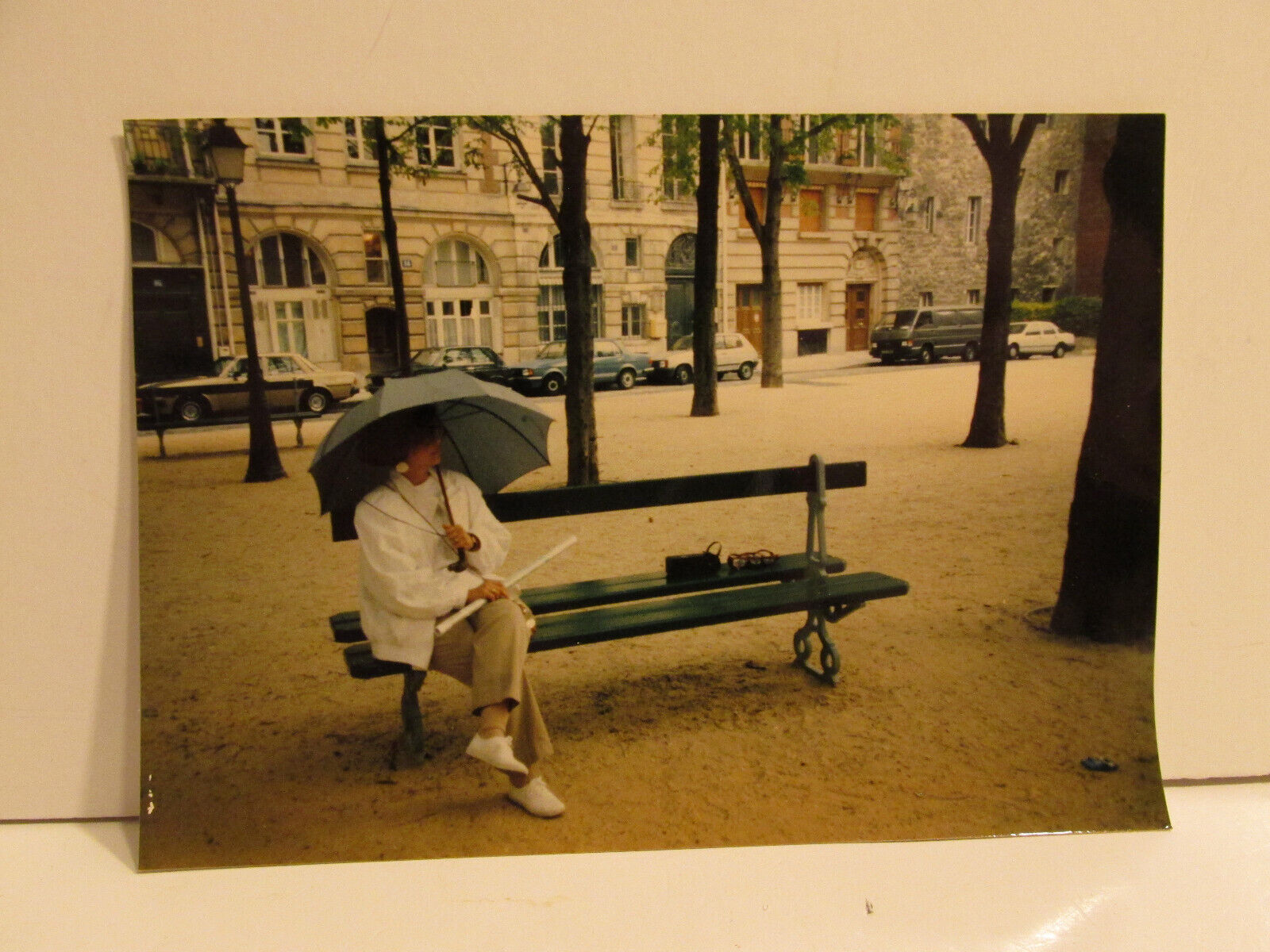 VINTAGE FOUND PHOTOGRAPH COLOR ART OLD PHOTO 1980S WOMAN BENCH UMBRELLA EUROPE