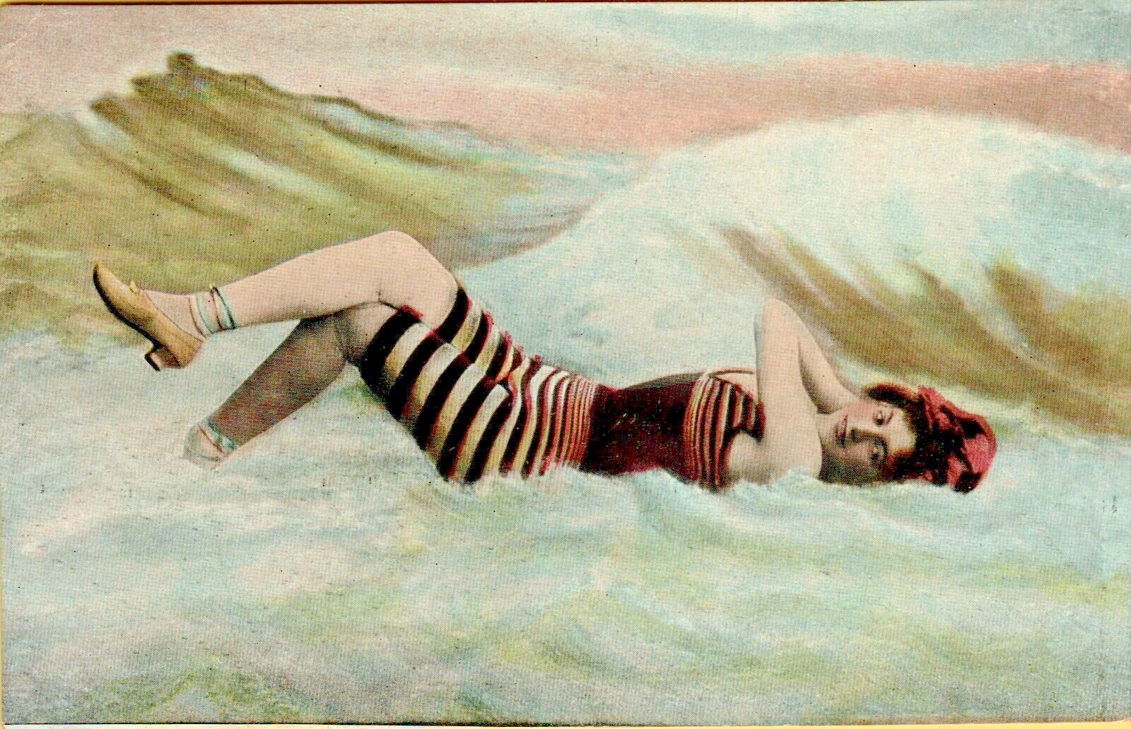 Antique Postcard 1909 Bathing Beauty Laying in Ocean with Heels On Posted