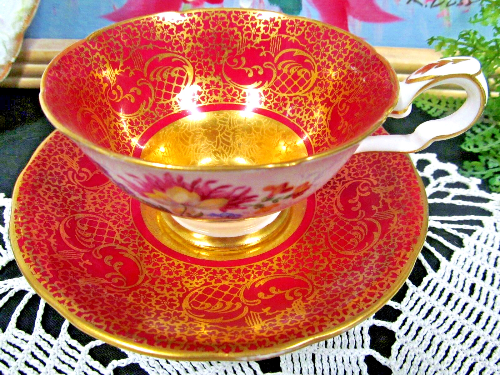 Royal Stafford tea cup and saucer floral rose red & gold etched teacup England