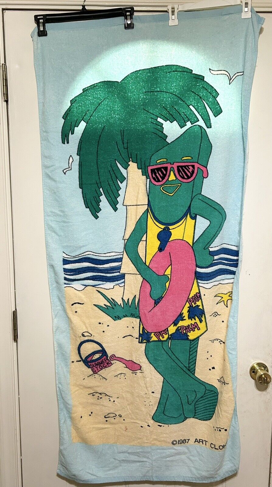 Vintage GUMBY 1987 Summer Stock Beach Towel Art Clokey 80s Float Palm Tree RARE