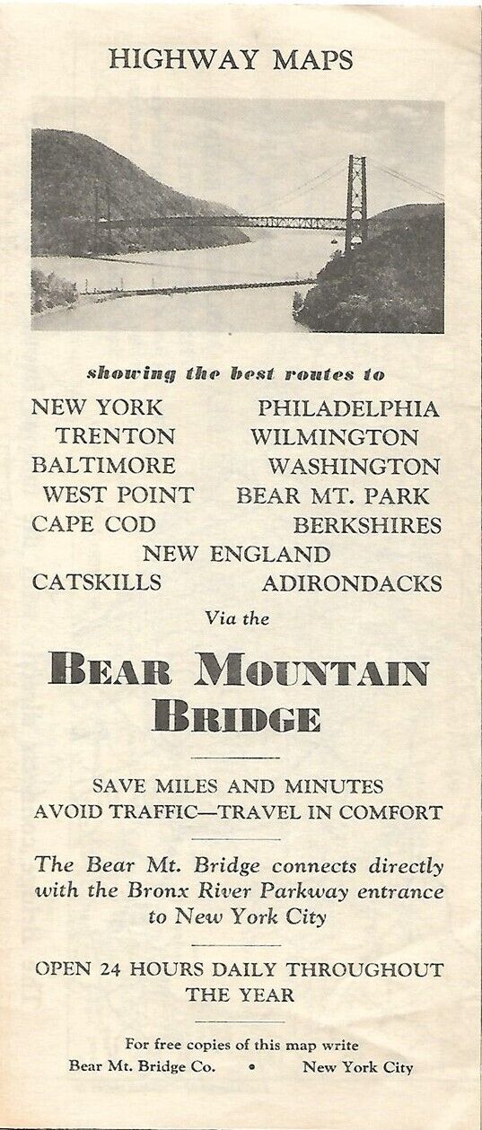 1929 BEAR MOUNTAIN BRIDGE Road Map New York Bronx River Parkway Hudson River
