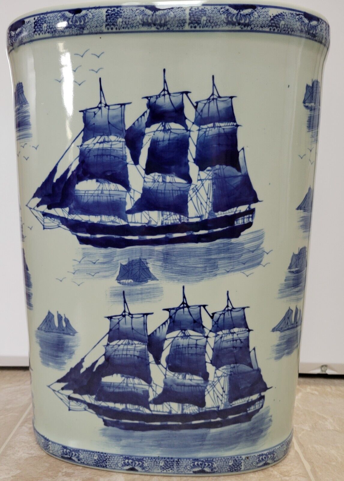 Vtg Nantucket Made In China Nautical Hand Painted Ceramic Umbrella Holder  Ships