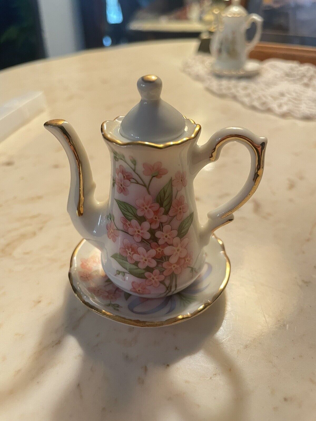Pink Flower Bouquet Miniature Tea Pot And Plate Germany