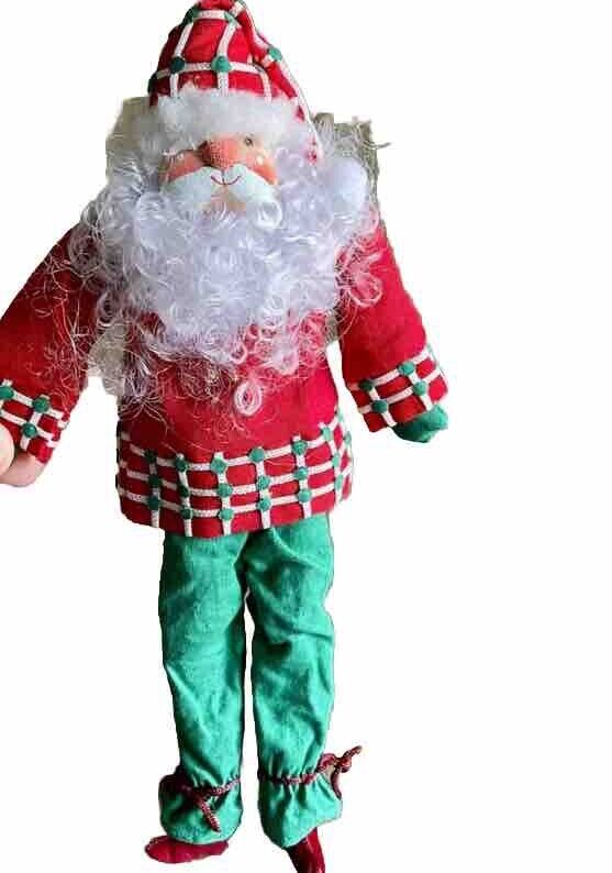 Vintage Santa Ornament Bendable Wire Doll Plush Body 9.75” Fabric Painted Face