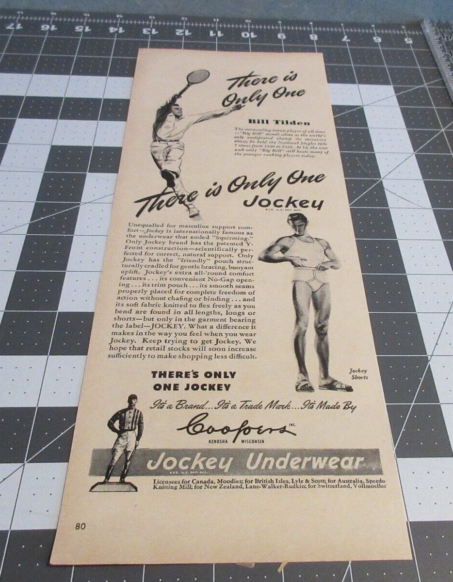 1946 Jockey Underwear Men\'s Briefs Tennis Bill Tilden Vintage Print Ad