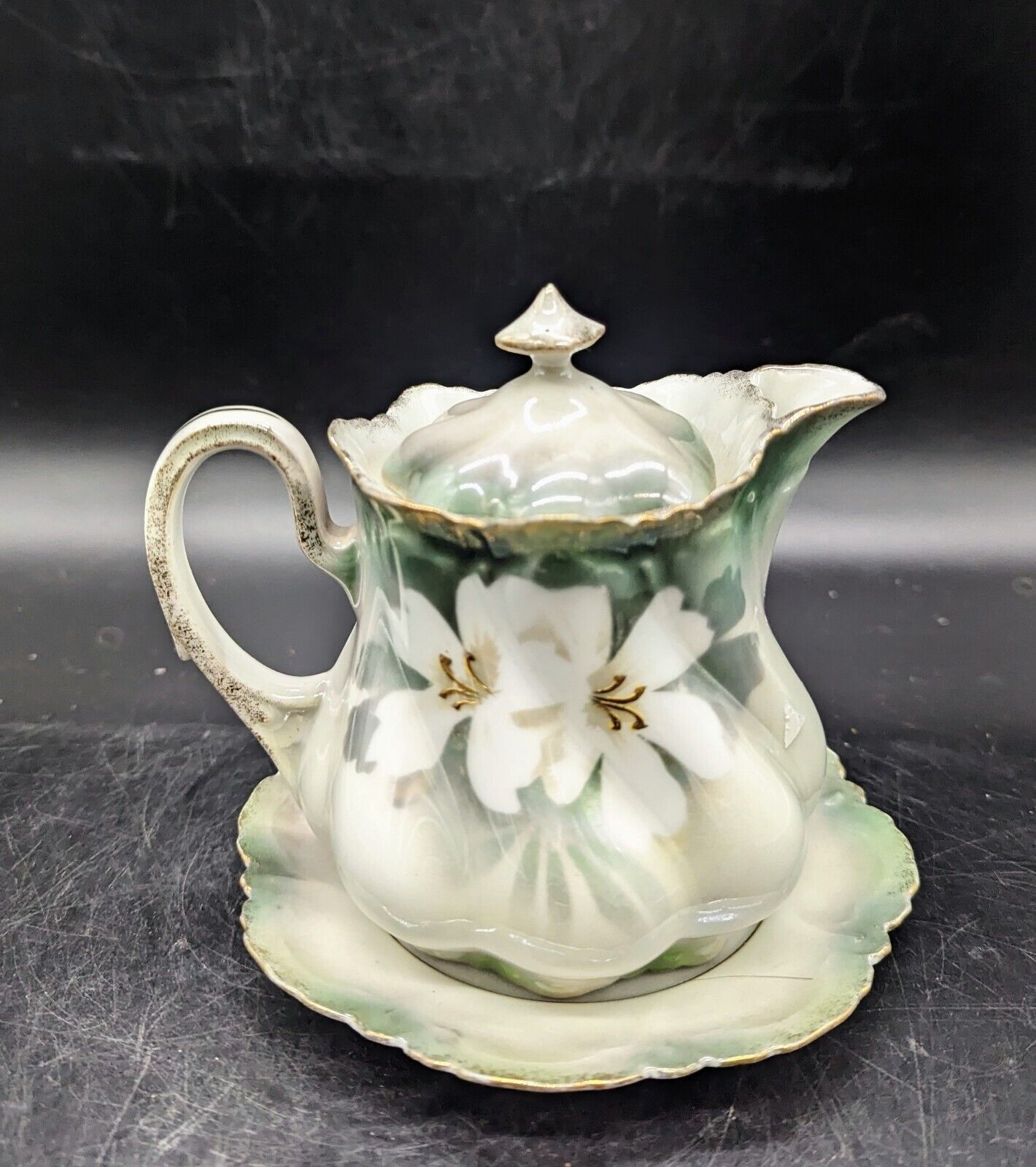 Vintage RS Germany Hand Painted Floral Mini Teapot Pitcher Lid Flower Underplate