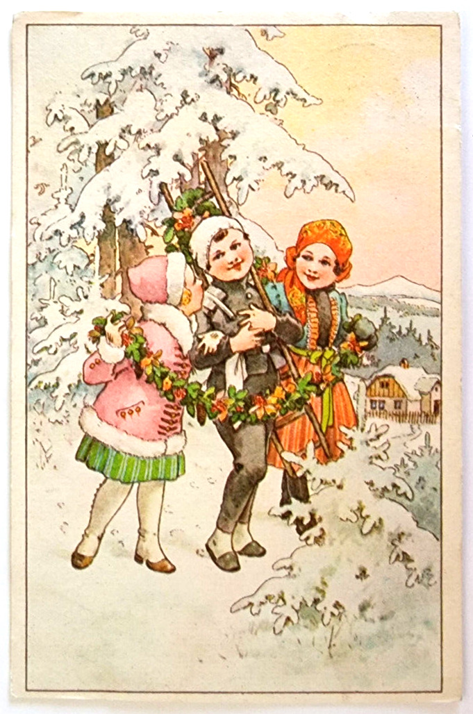 Vintage Postcard Czechoslovakia New Year\'s Card  Three Friends