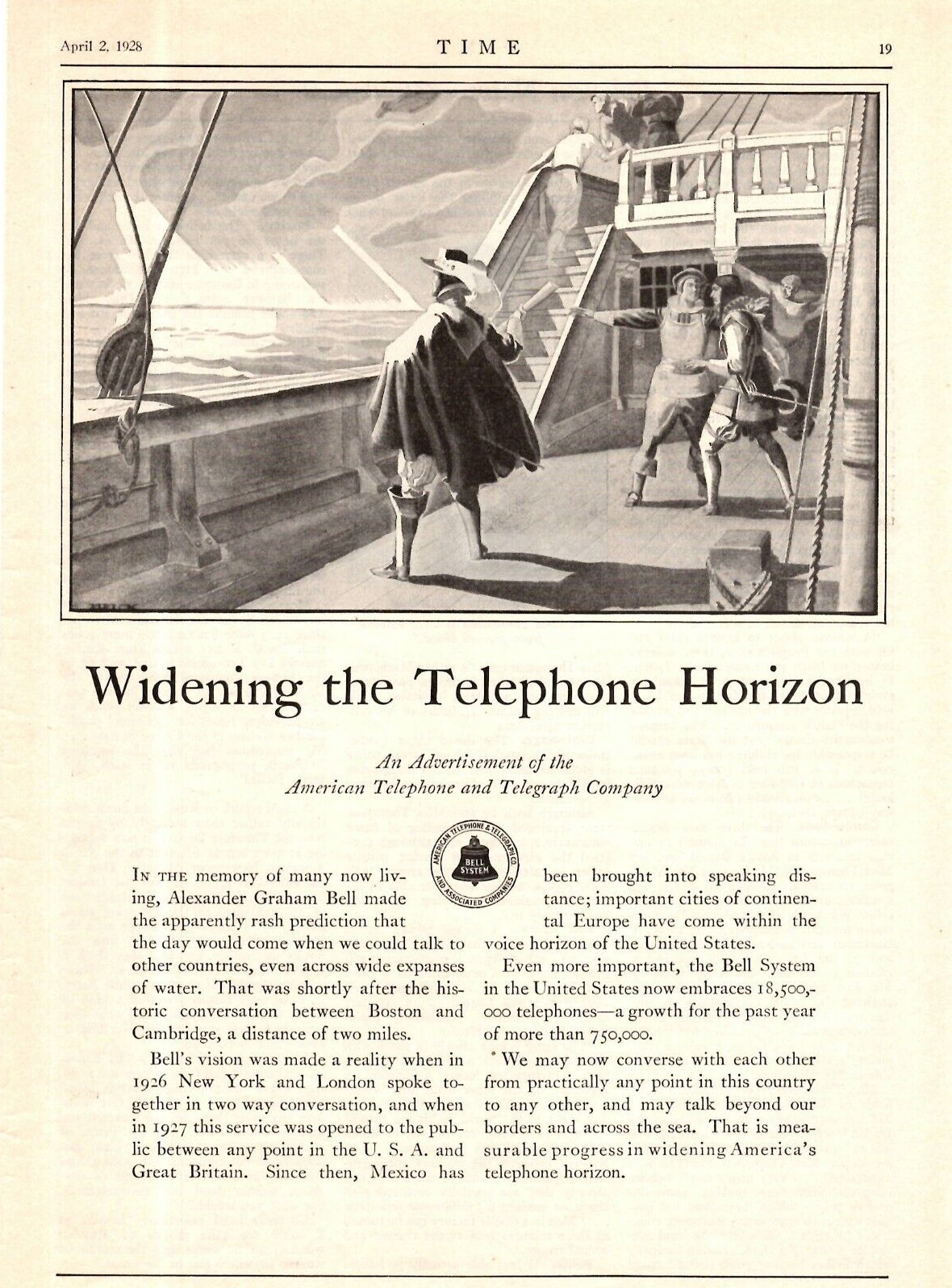 1928 Print Ad AT & T Bell System Widening Telephone Horizon Illustration Helck
