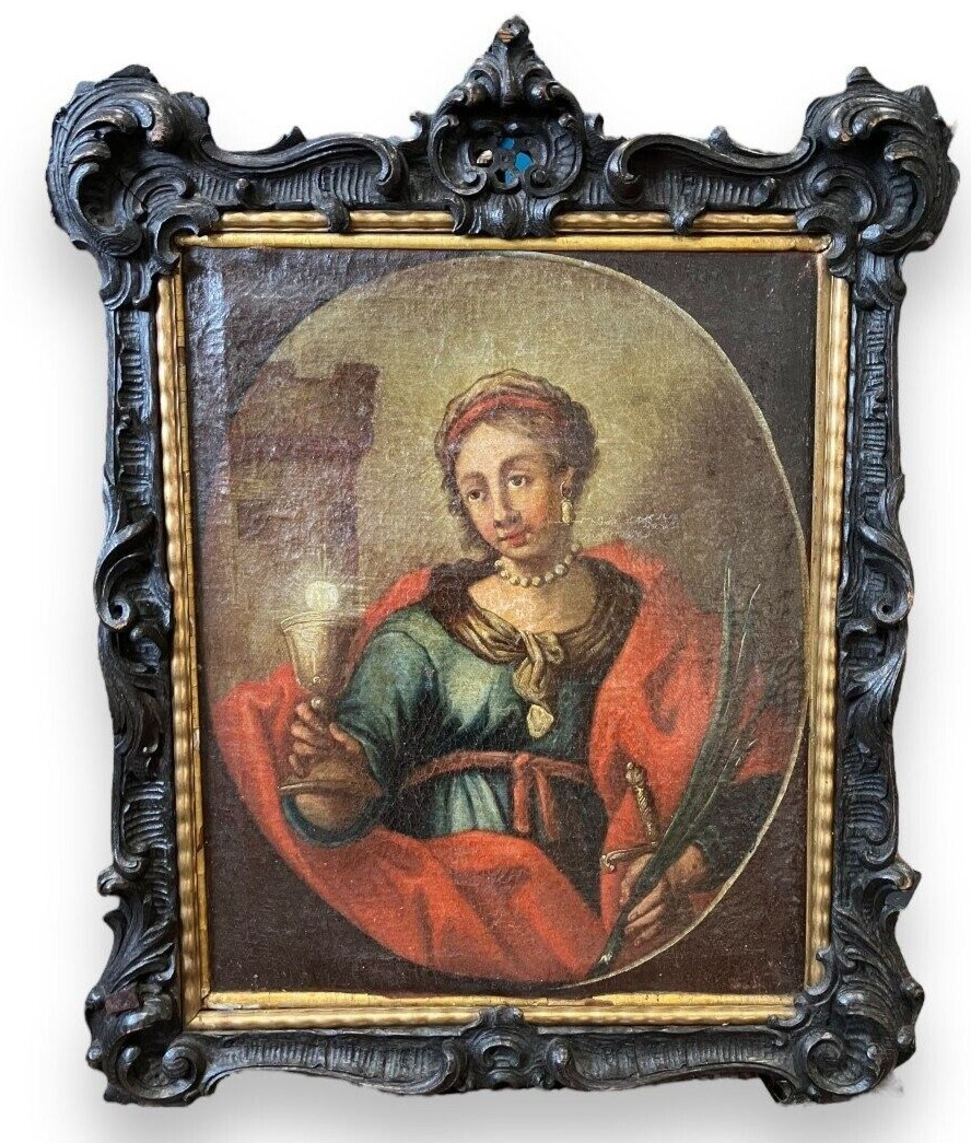 Antique Icon Sainte Barbara Oil On Canvas Christian Wood Frame Religion Rare 17c