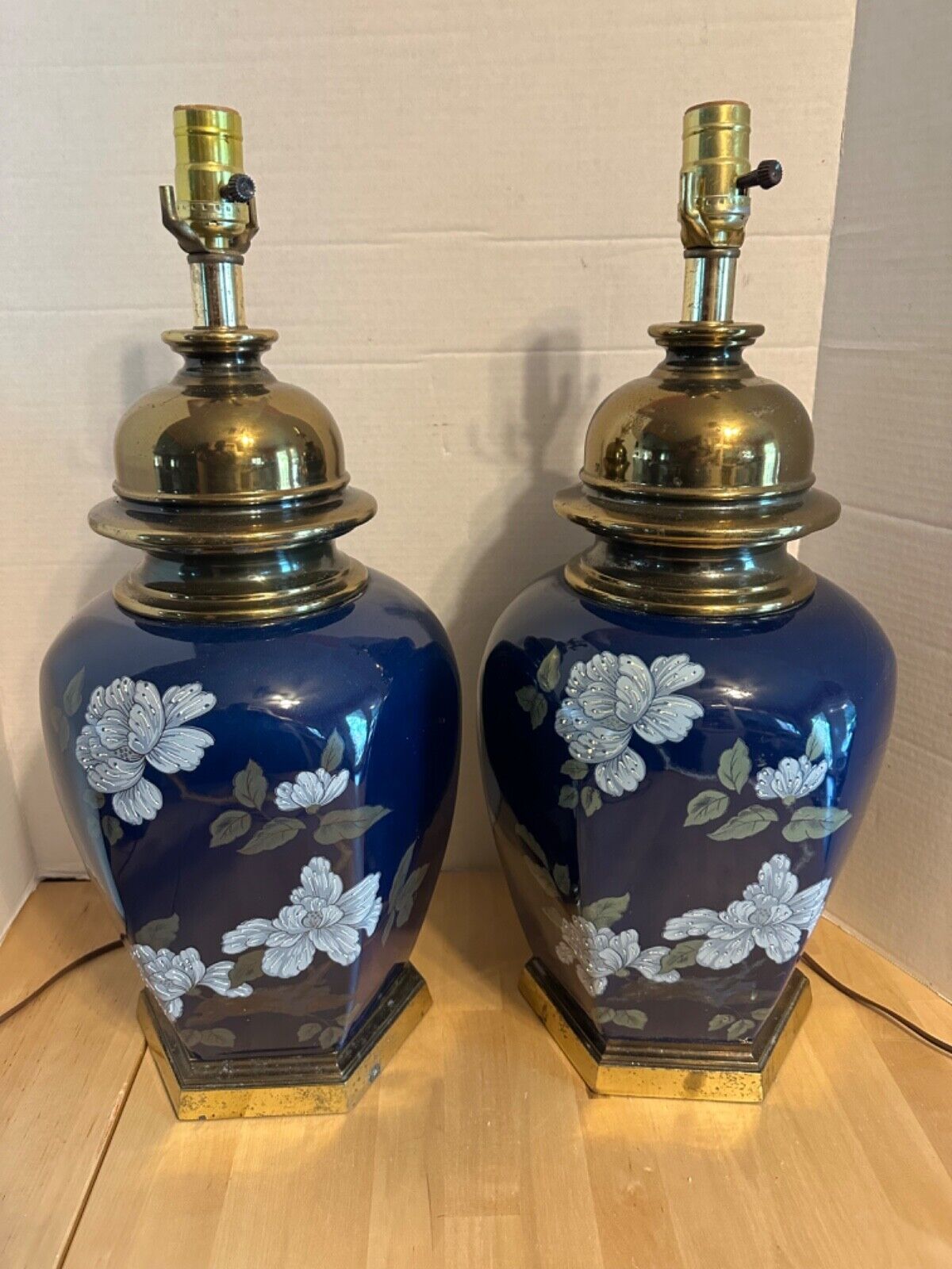 EXQUISITE PAIR EMBOSSED HAND PAINTED LAMPS FLORAL DESIGN BRASS