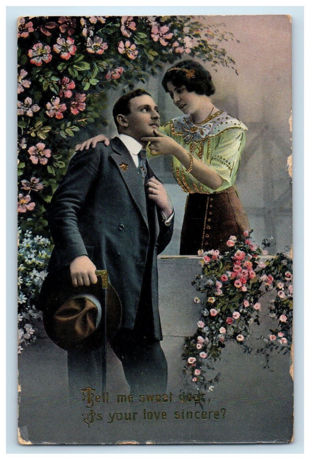 c1910's Couple Dress Up Flowers Gel Gold Gilt Embossed Posted Antique Postcard