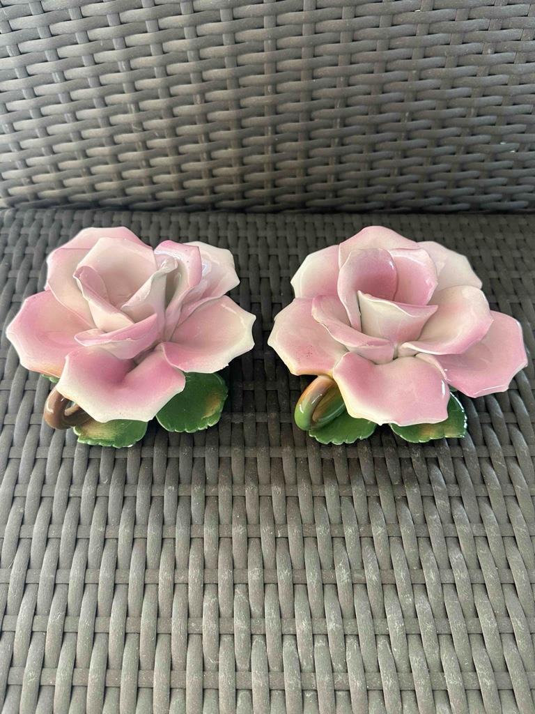 Capodimonte Italian Pink Rose Candle Holder Pair ~ Excellent Vintage