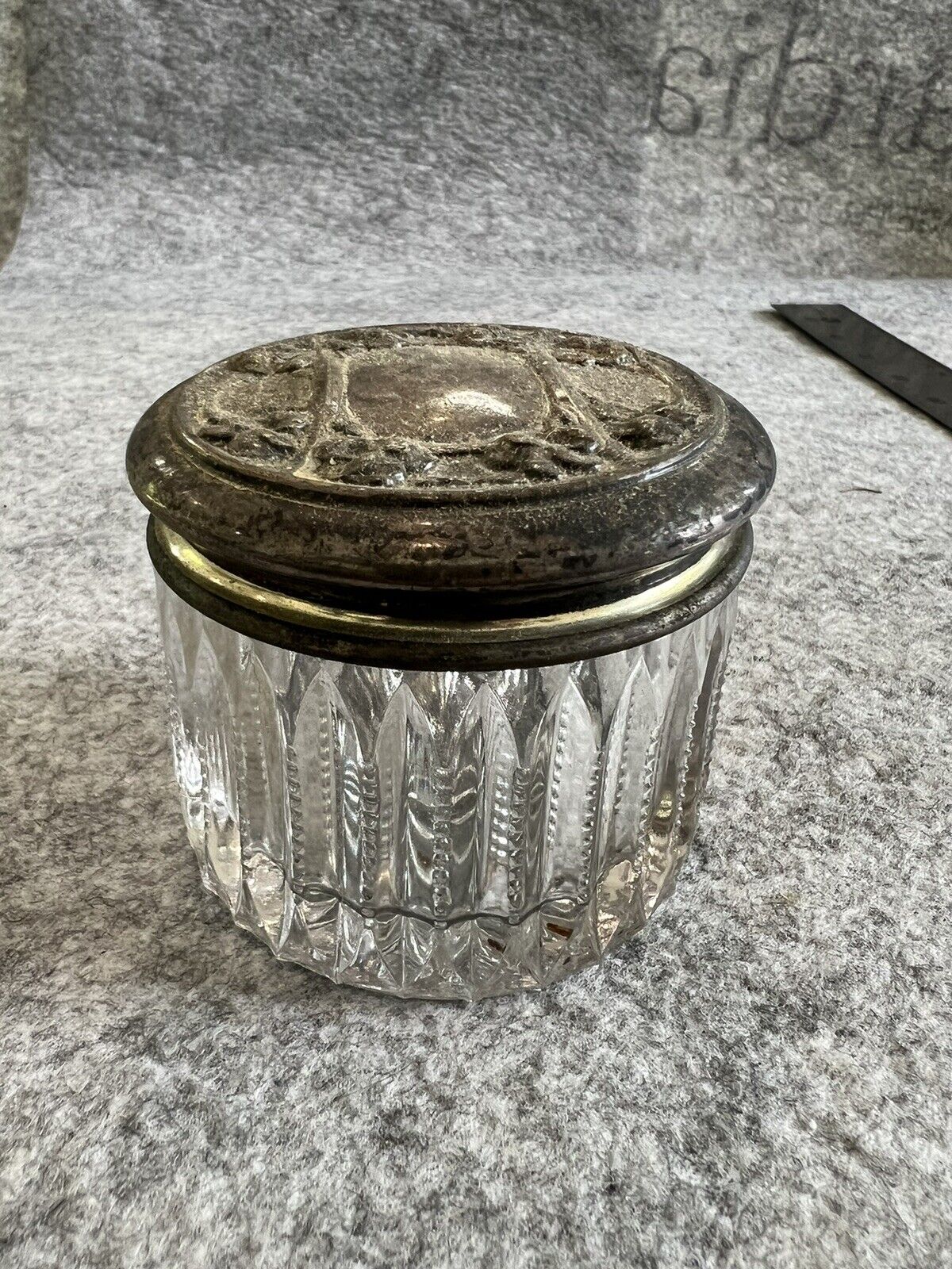 Vintage Silver Plated Vanity Powder Jar Dish Glass Ornate