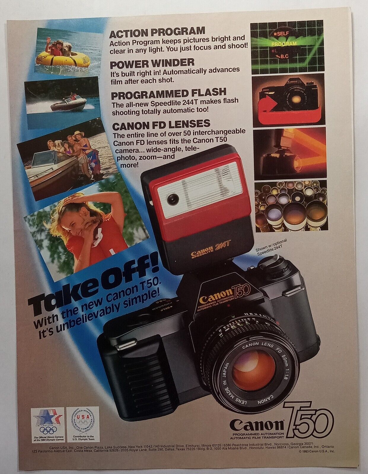 1980\'s Canon T50 Camera Take Off Colorful Vtg Magazine Print Ad