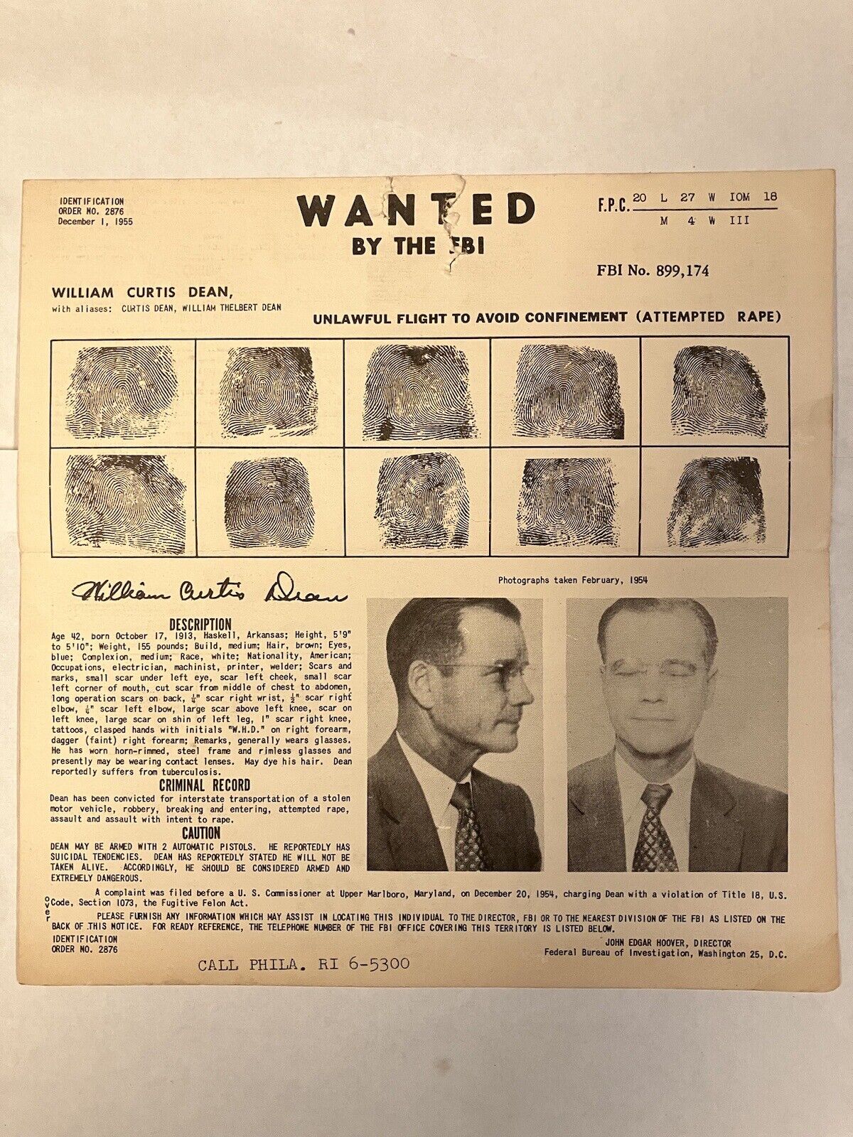 1955 FBI Wanted Mailer William Curtis Dean