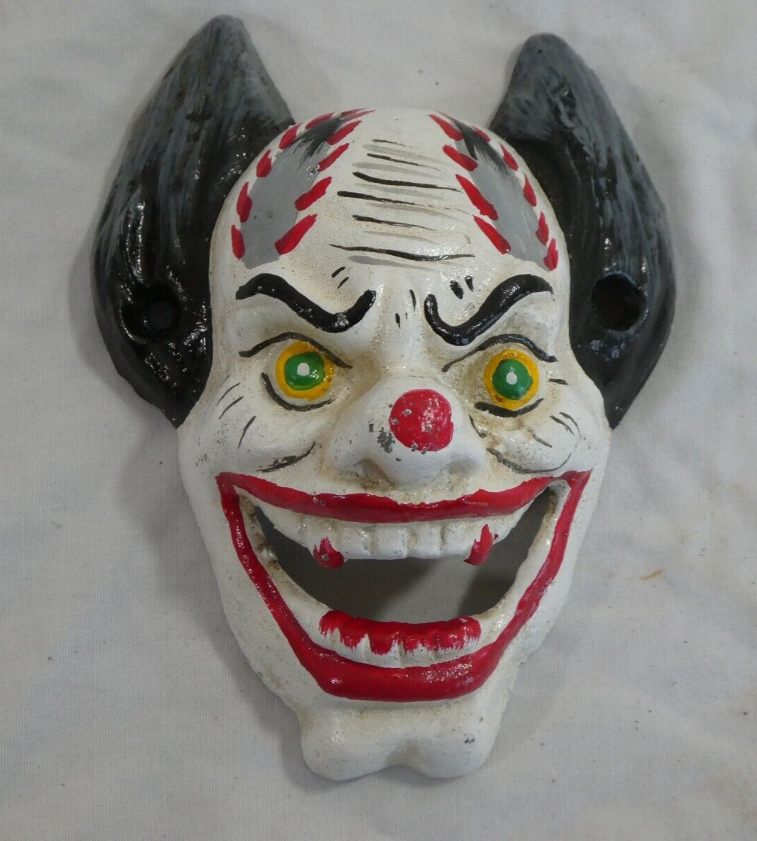 Vtg Antique Devil Clown Cast Iron Wall Mount Bottle Opener Painted Face Folk Art