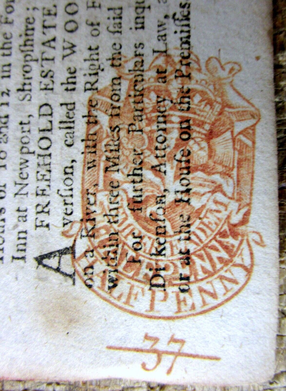 1758 French & Indian newspaper with a RED British halfpenny TAX STAMP