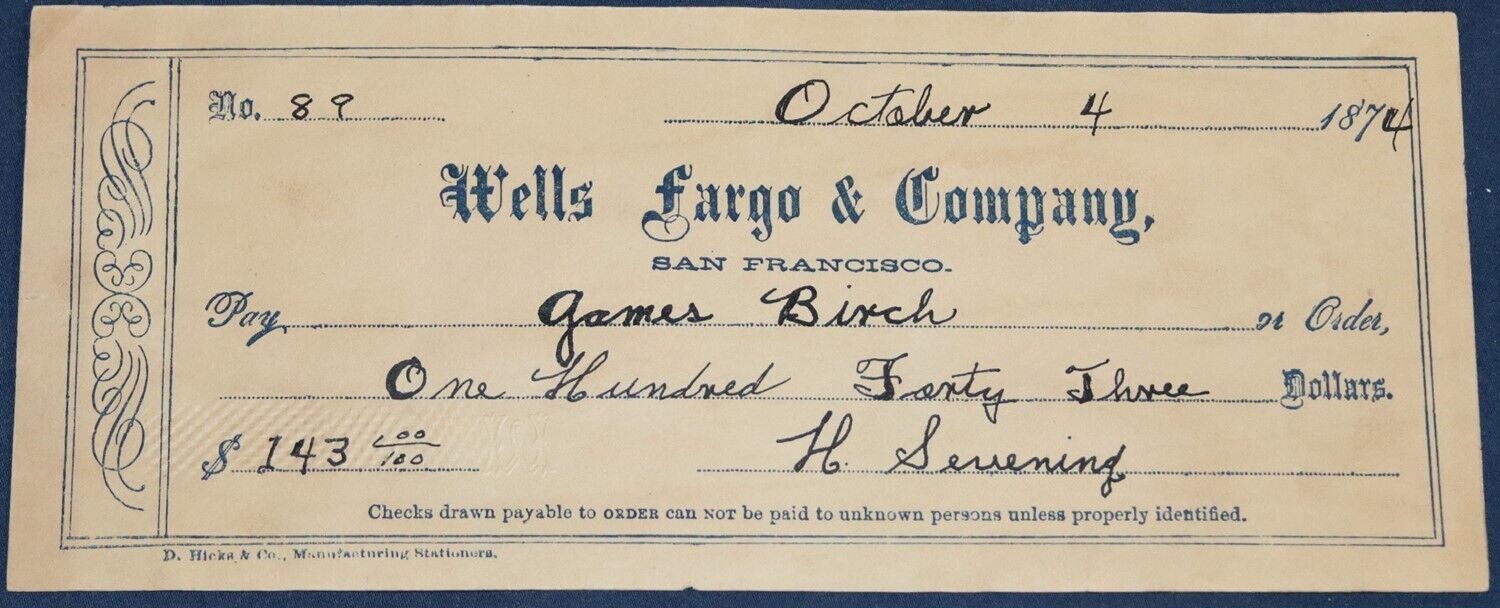 1874 Wells Fargo & Company, San Francisco, CA Bank Check