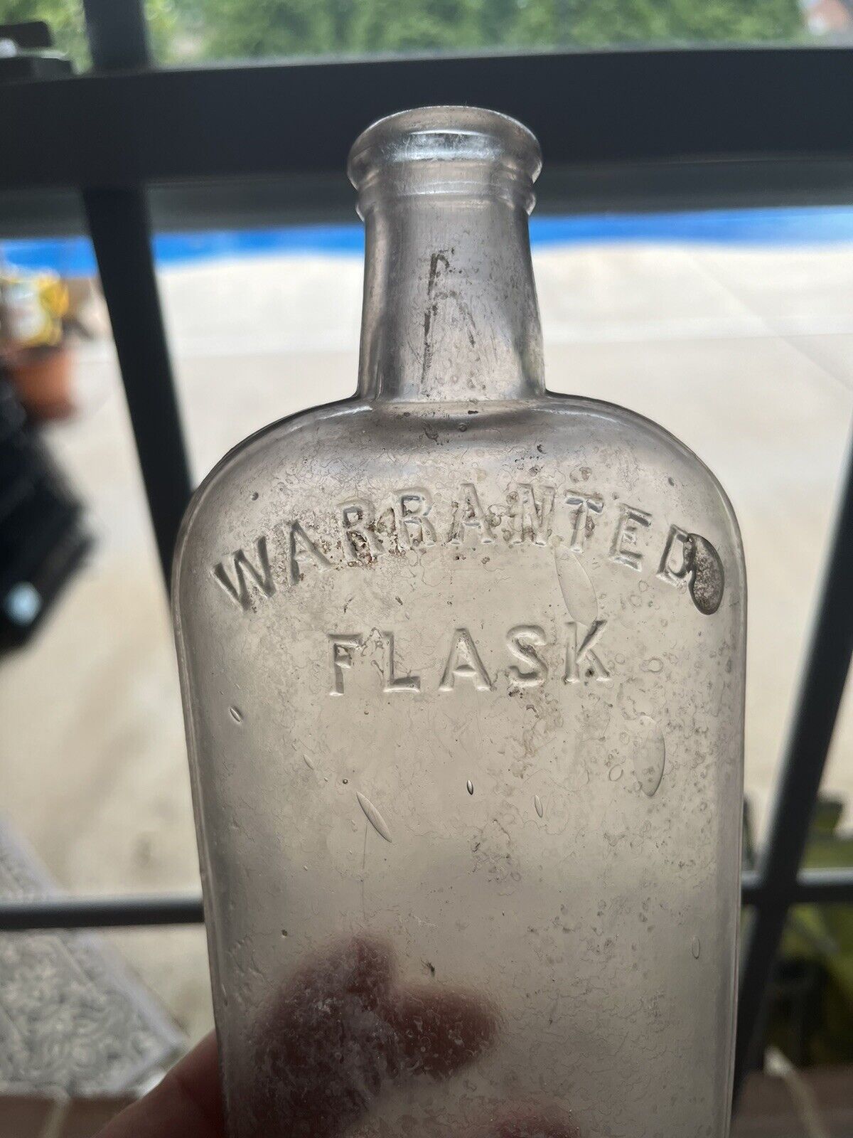 Antique Whiskey Bottle 1900’s  Warrented Flask 1/2 pt size Embossed
