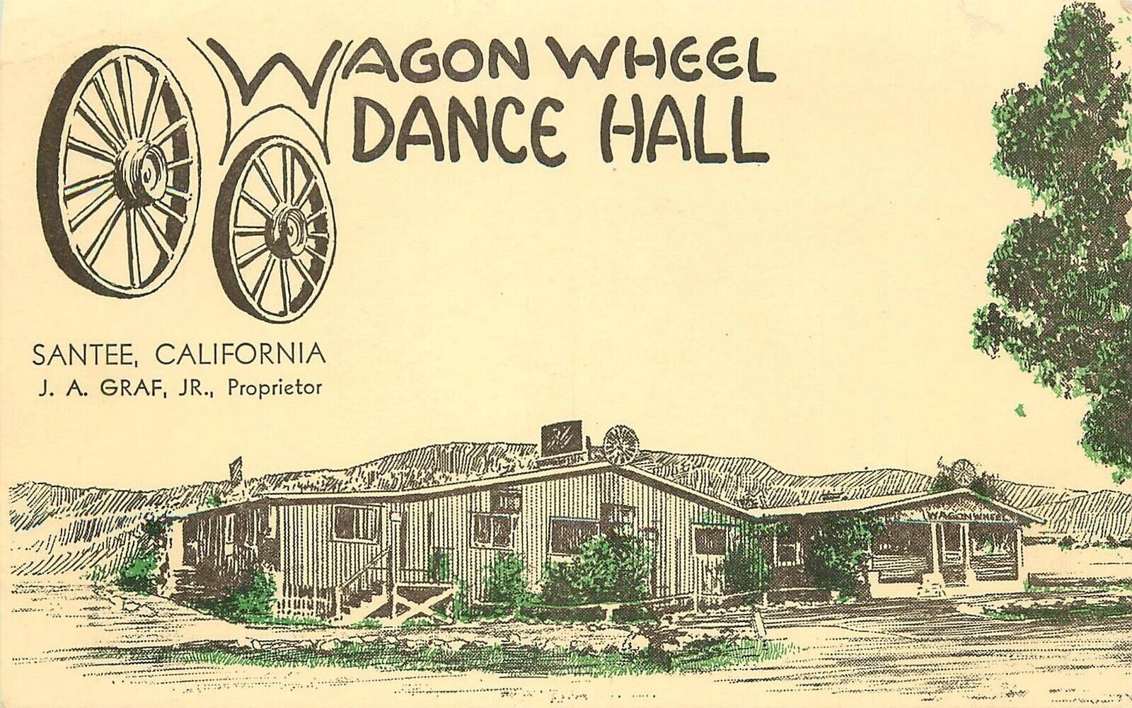 Postcard 1930s California Santee Wagon Wheel Dance Hall occupation 23-13196