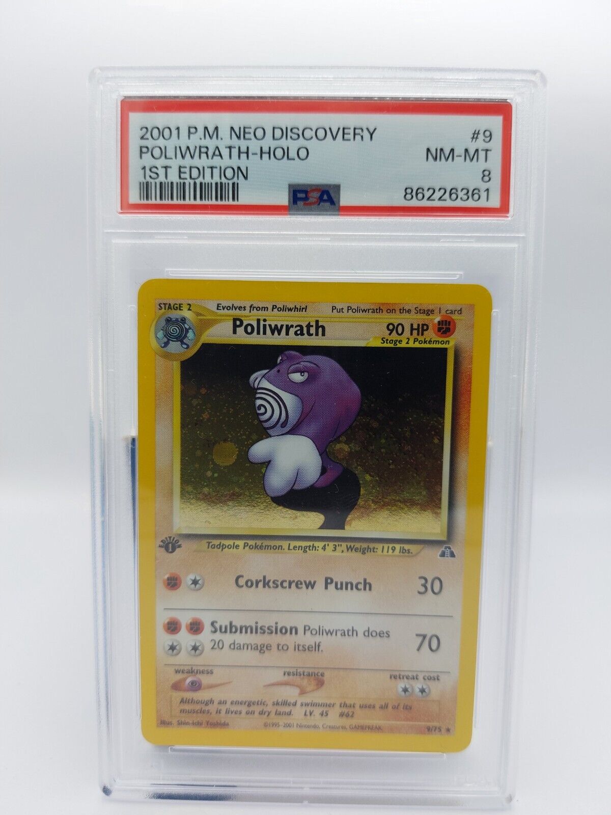 PSA 8 1st Edition Poliwrath Holo 9/75 Neo Discovery Pokémon Card 2001