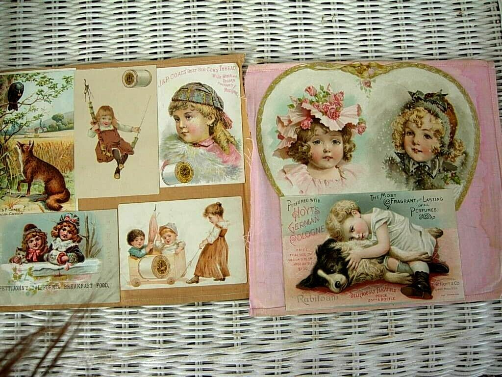 Trade Cards on Victorian Scrapbook 1800s Album pages on Linen - Dogs, J.P. Coats