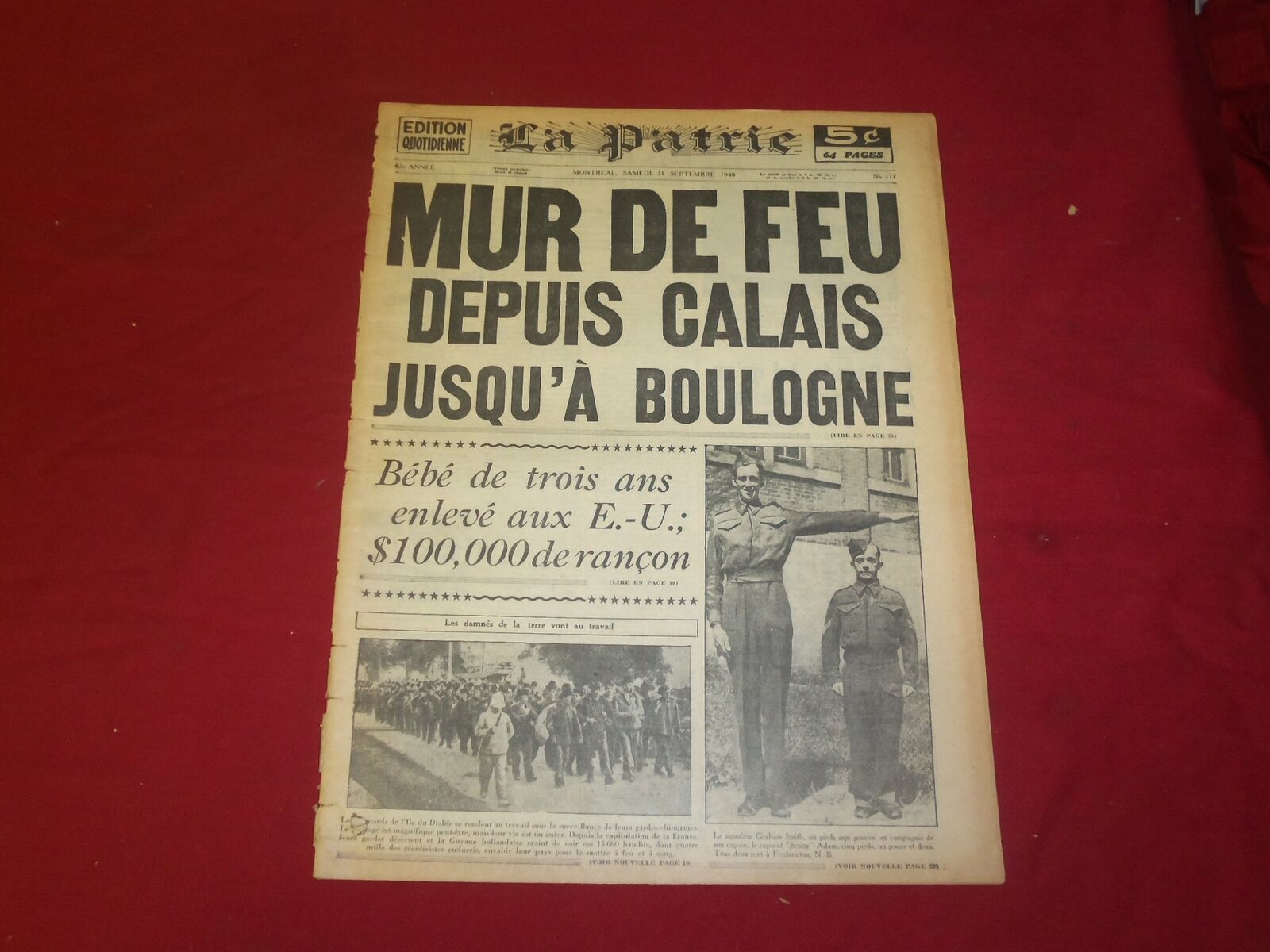 1940 SEPTEMBER 21 LA PATRIE NEWSPAPER-FRENCH- MUR DE FEU DEPUIS CALAIS - FR 1758
