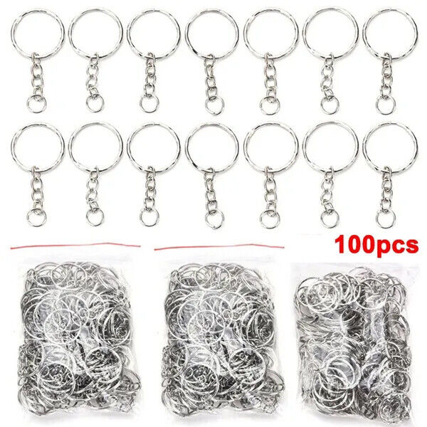 100PCS 25mm Polished Silver Keyring Keychain Split Ring Short Chain Key Rings ~~