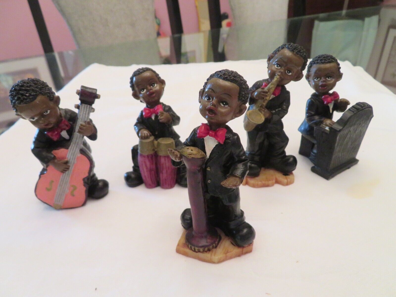 5 Piece Set - African American Children\'s Jazz Band Figurines Piano, Sax, Bongos