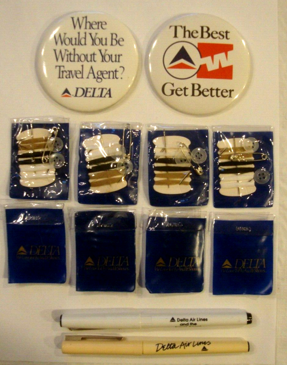 Vintage Delta Airlines Buttons, Sewing Kits, Pens Lot