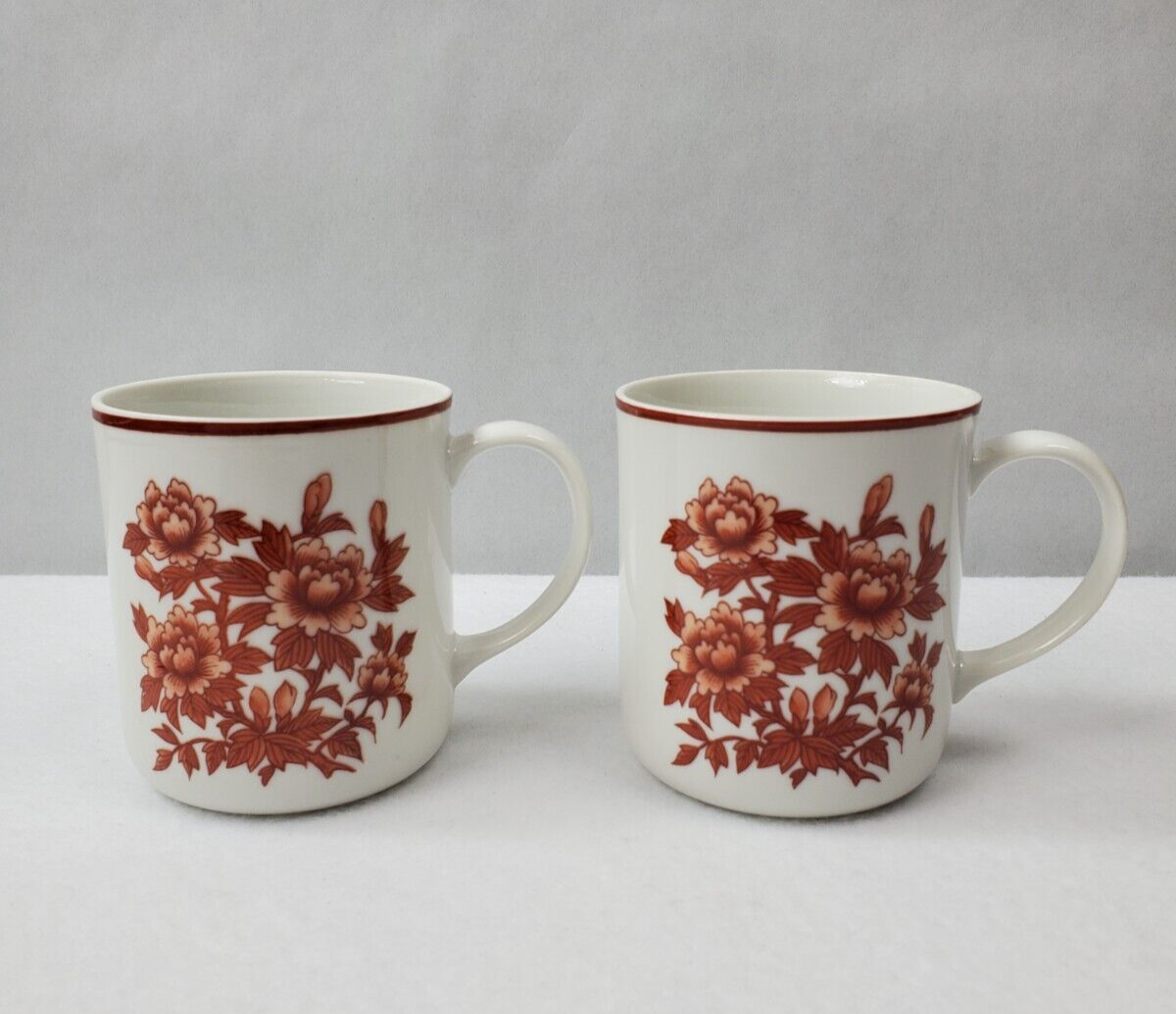 Vintage Coffee Mug Fine China Japan Red Orange Flowers 8 oz Set of 2 Mid Century