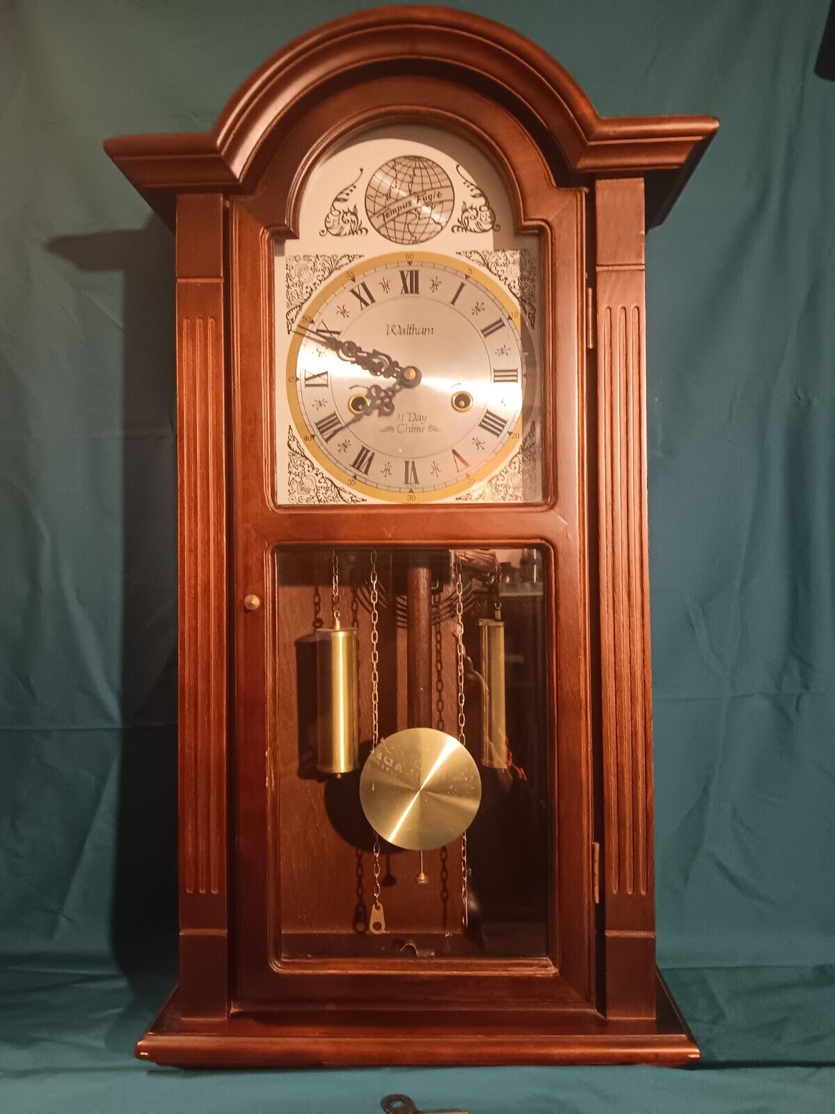 Waltham 31 Day Chime Tempus Fugit Wall Clock, Working, Key, VGC, NO RESERVE