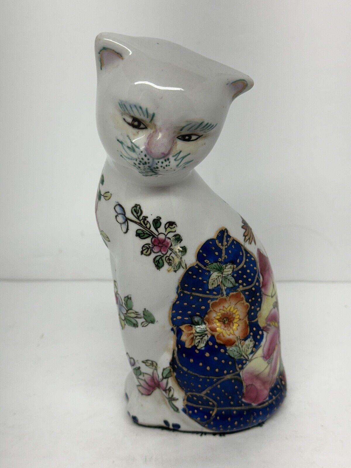 Vintage Chinese Tobacco Leaf China Cat Figurine, Chinoiserie Porcelain