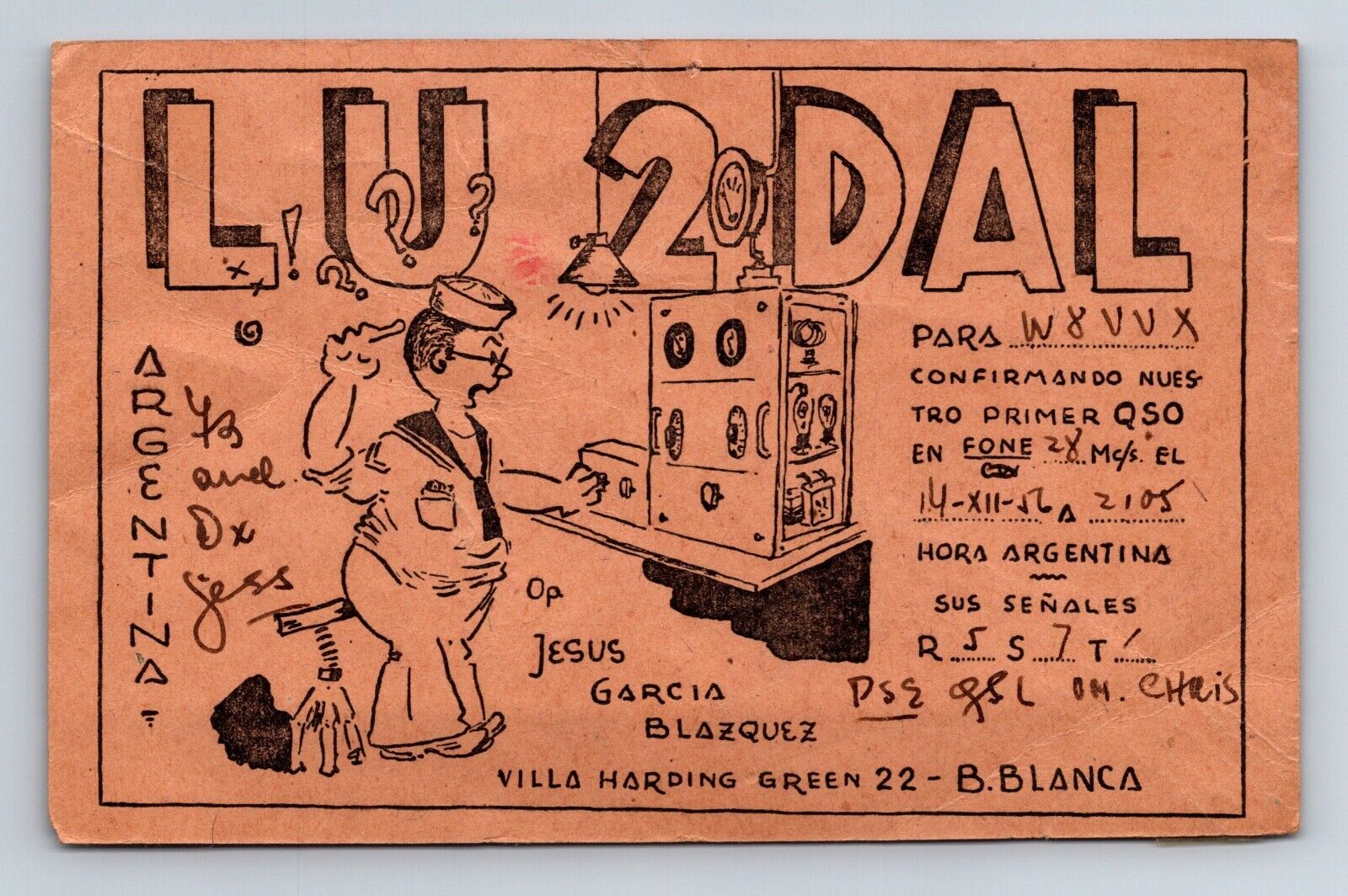 Vintage Ham Radio Amateur QSL QSO Postcard LU2DAL Argentina 1956
