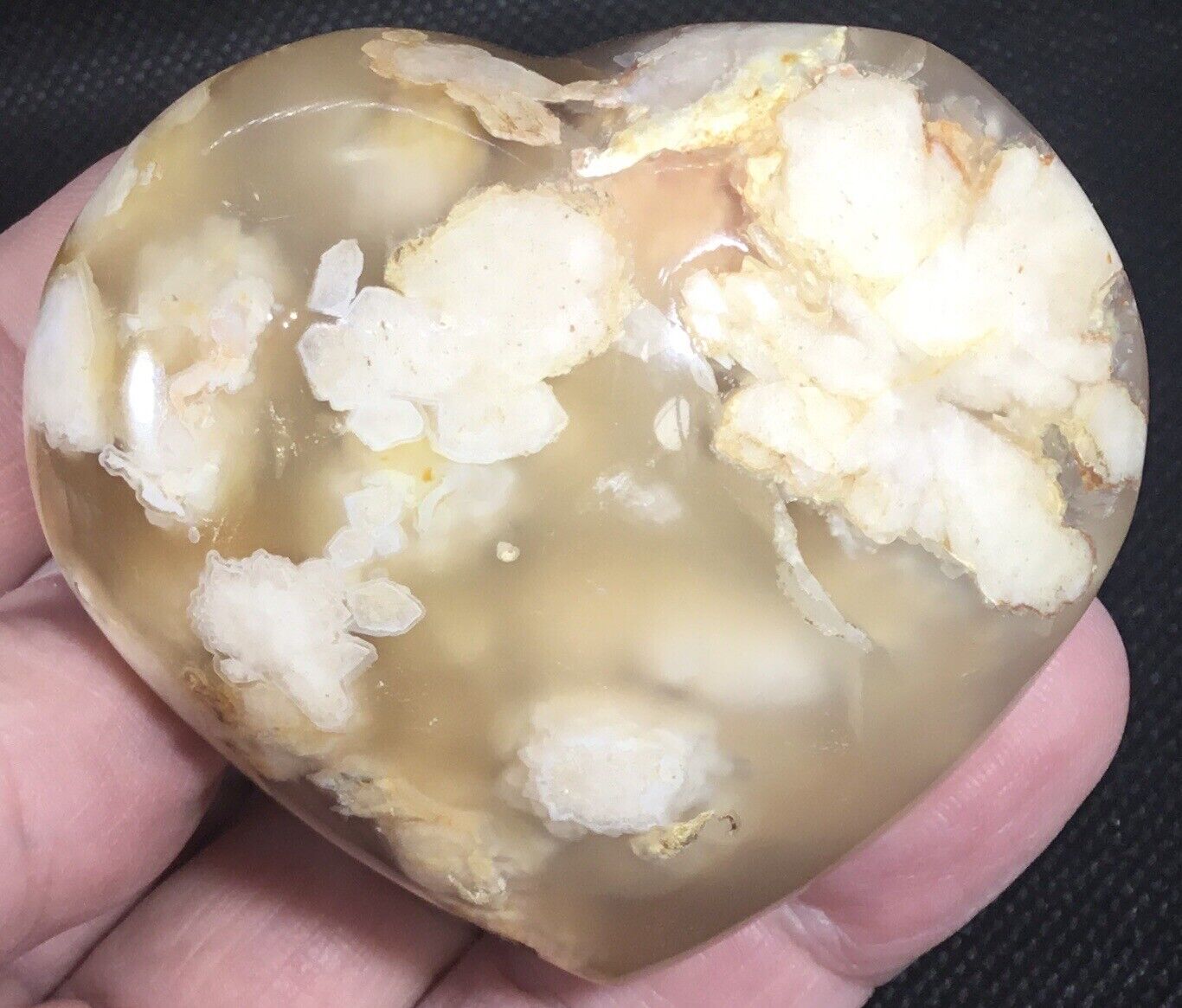 4.1 Oz Polished Flower Agate Heart Cherry Blossom Stone Puffy hand carved