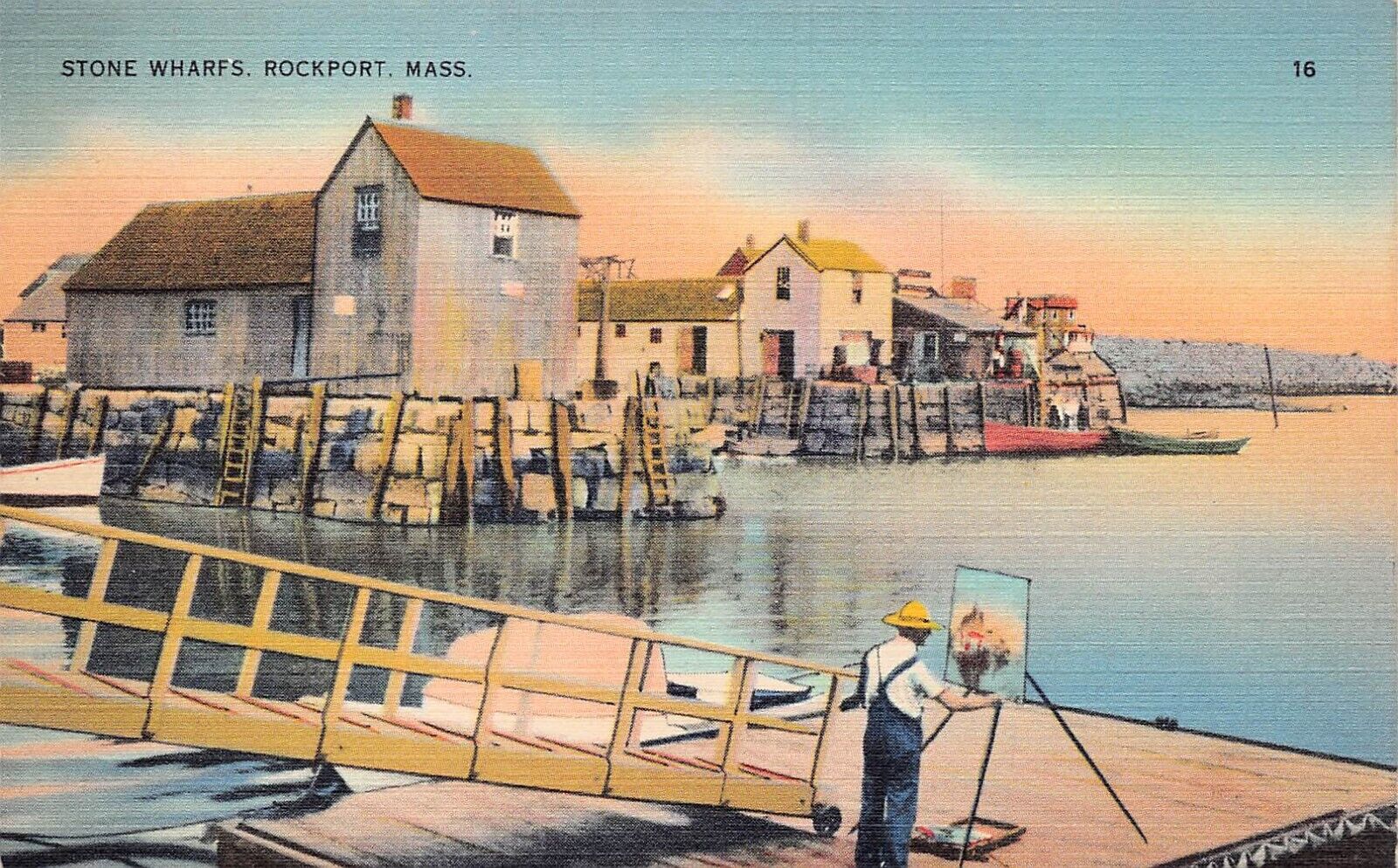 Rockport MA Massachusetts Harbor Bradley Wharf Motif #1 Vtg Postcard B47