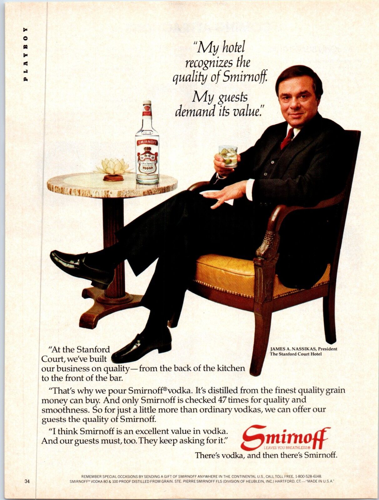 Smirnoff Vodka James Nassikas President Stanford Hotel 1984 Print Ad 8\