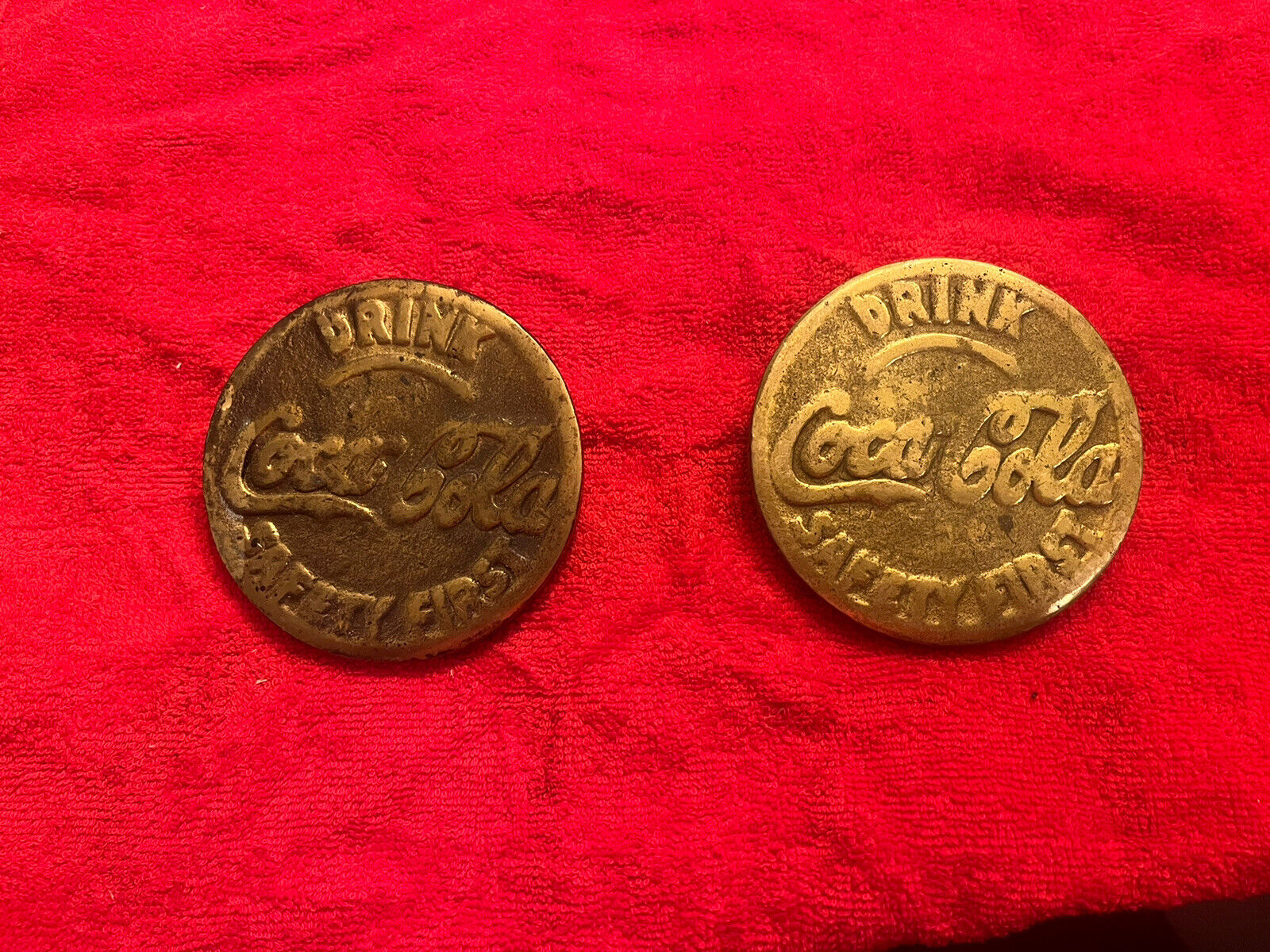 Two Coca-Cola Street Safety Markers Rare Drink 1903 Solid Brass Pontiac MI.