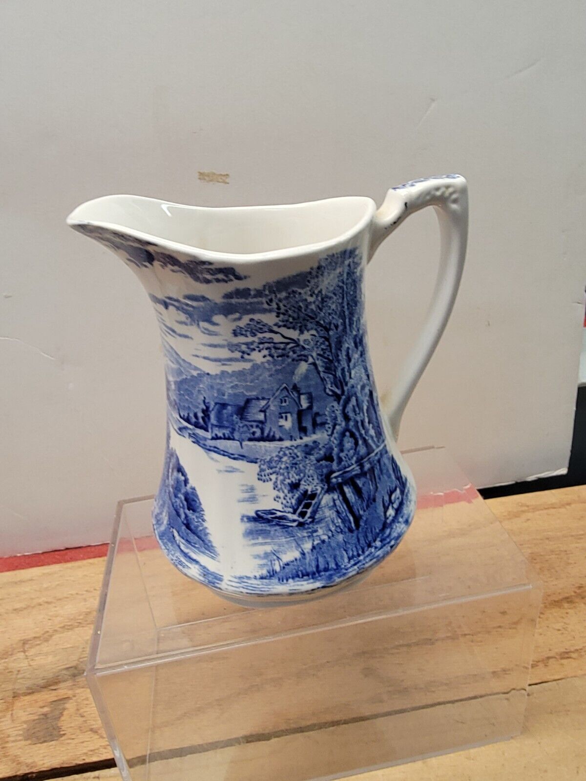 VINTAGE ALFRED MEEKING TINTERN PITCHER. BLUE AND WHITE 6 IN.