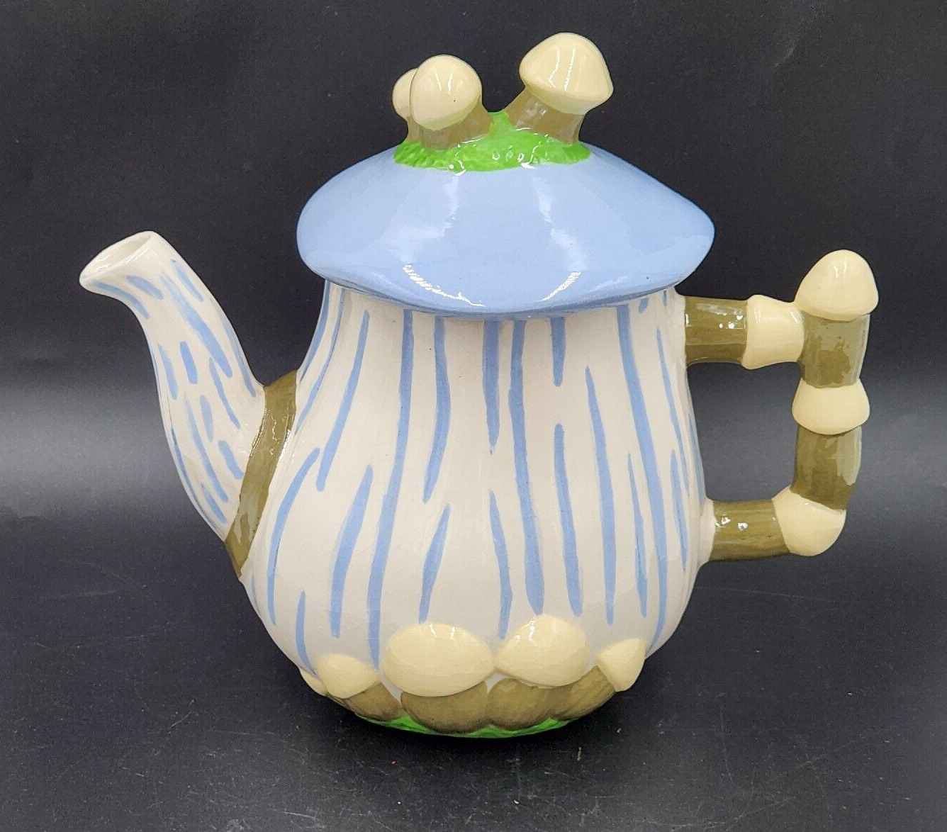 Vintage Ceramic Hobbyist 1995 Retro Kitchy Mushroom Teapot Yellow Blue Green