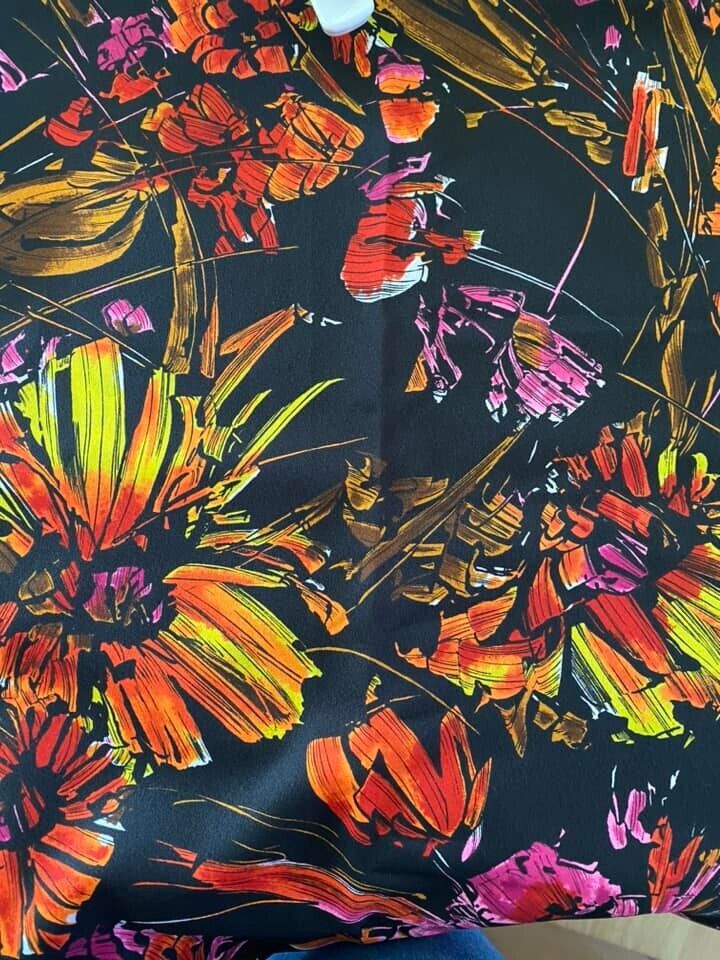 Vtg 70s Flower Power Fabric Polyester Black Floral Retro 4 Yards