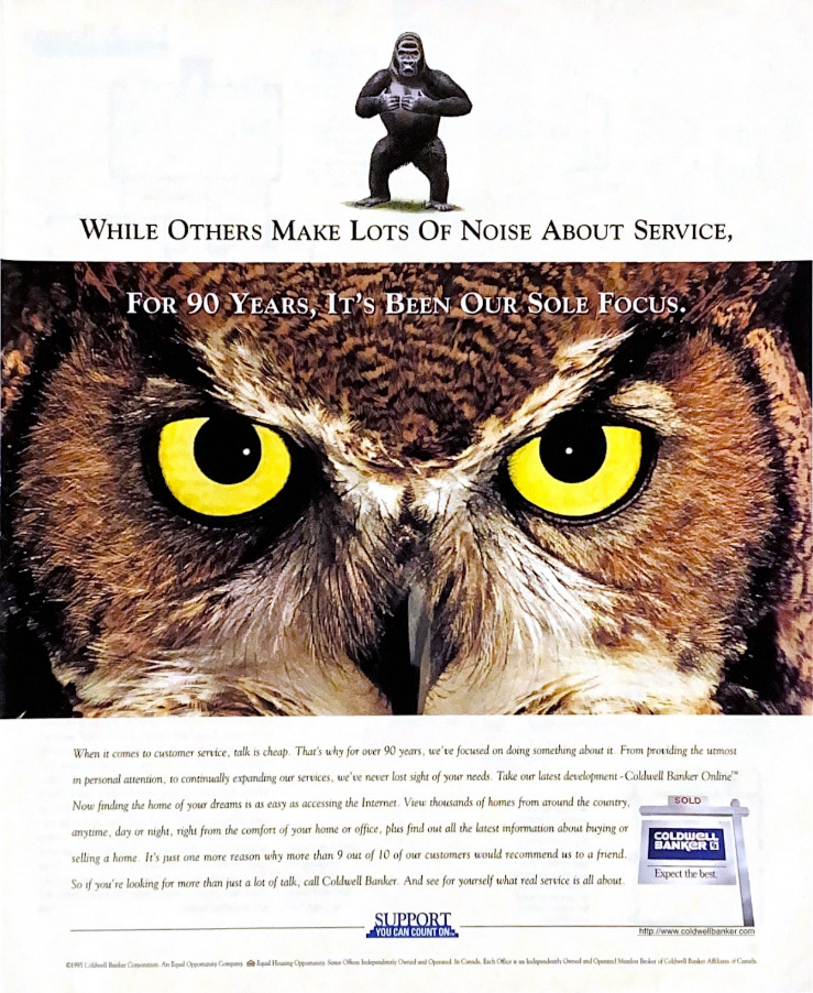Coldwell Banker Vintage Print Ad 1996 Gorilla Owl Retro 90\'s Full Page Advertise