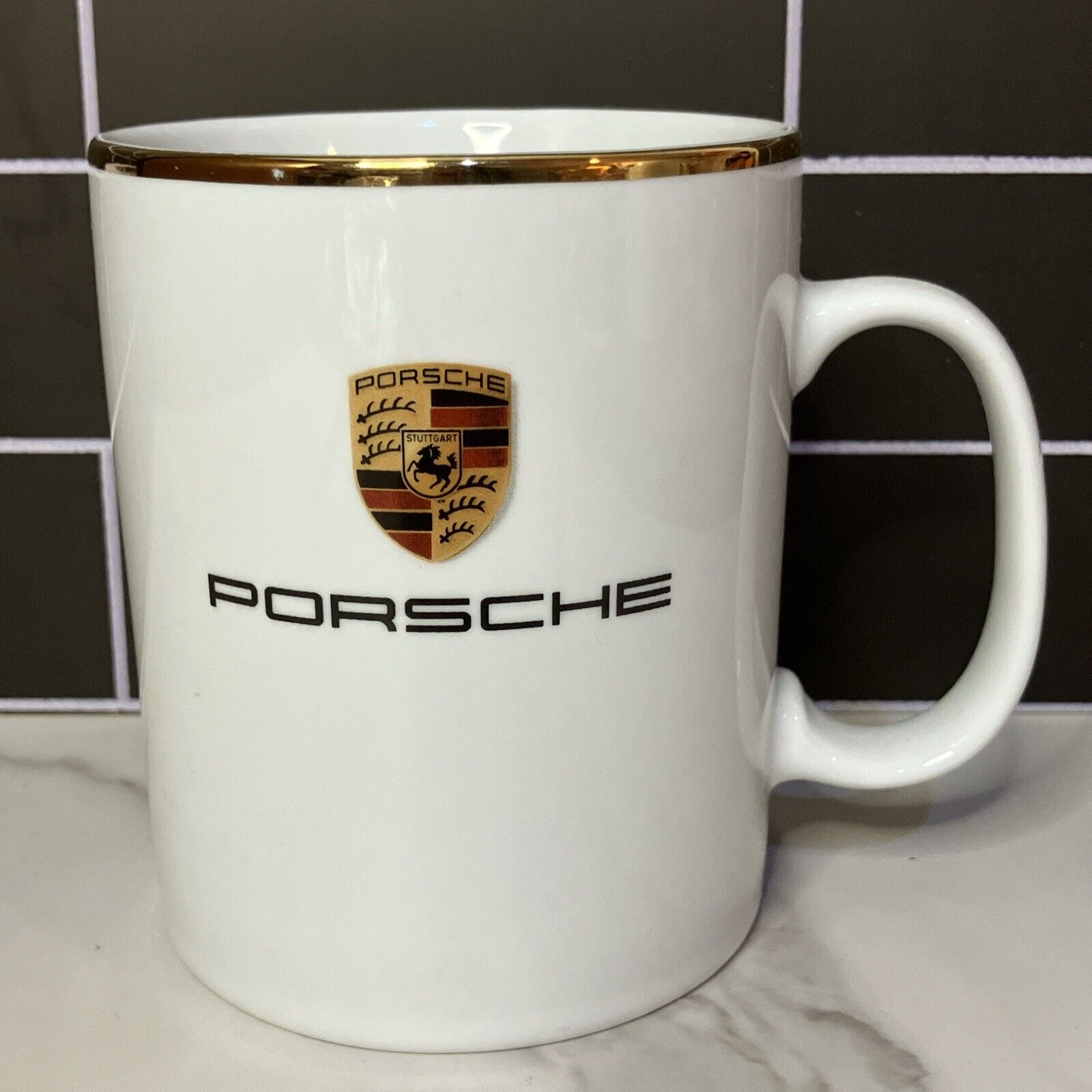 Father\'s Day Porsche Logo Crest Coffee Mug Made In Germany Gold Gilt Trim
