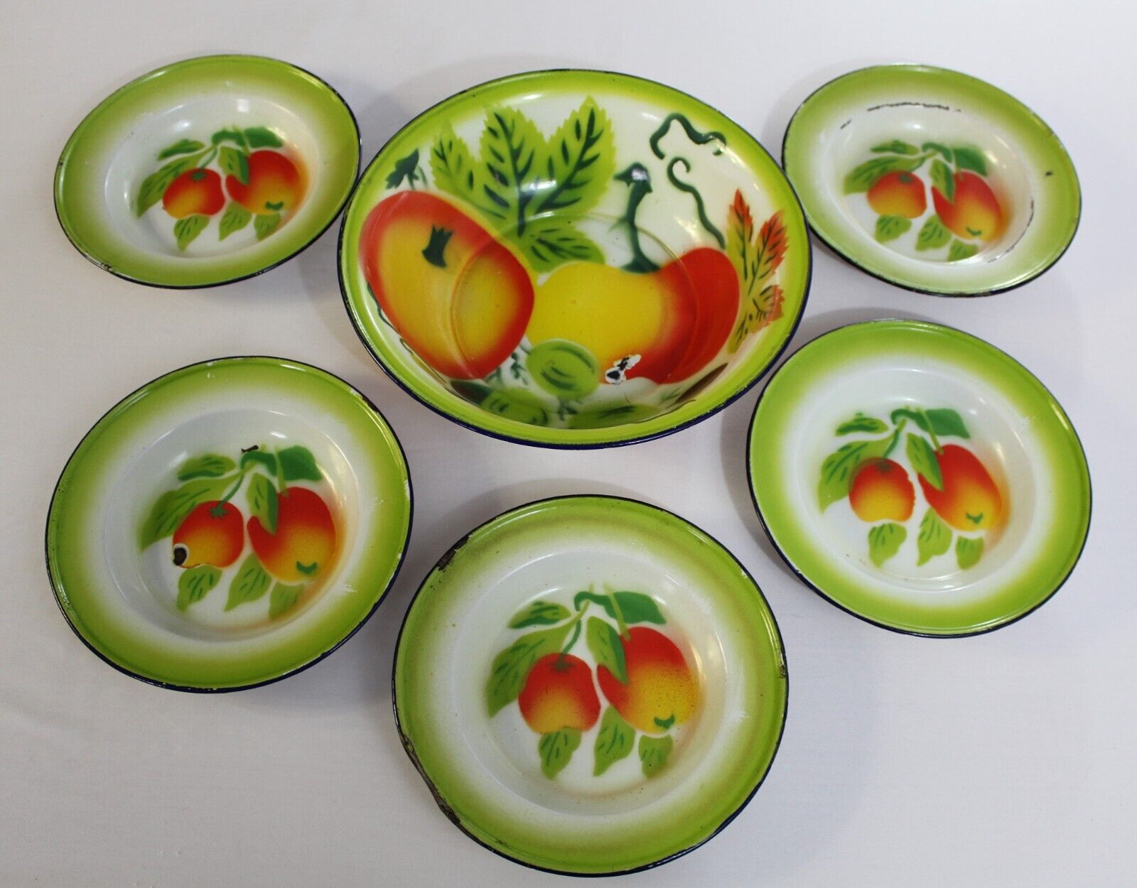 Vintage Set 5 Fruit Enamelware Lunch Plates Master Bowl Farmhouse Peaches