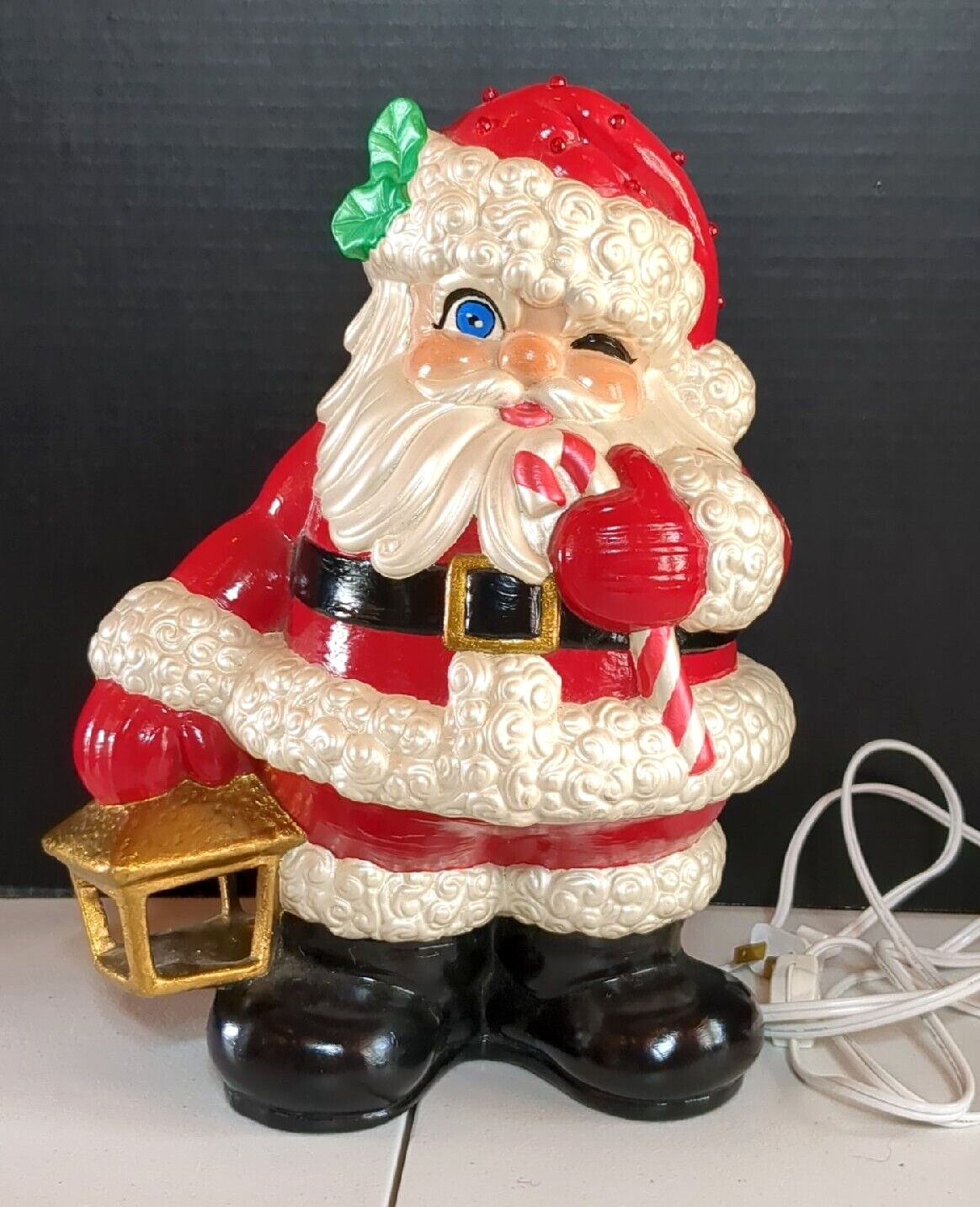 LIT Vintage Christmas Ceramic Santa Claus Winking Lantern & Candy Cane Tree RARE