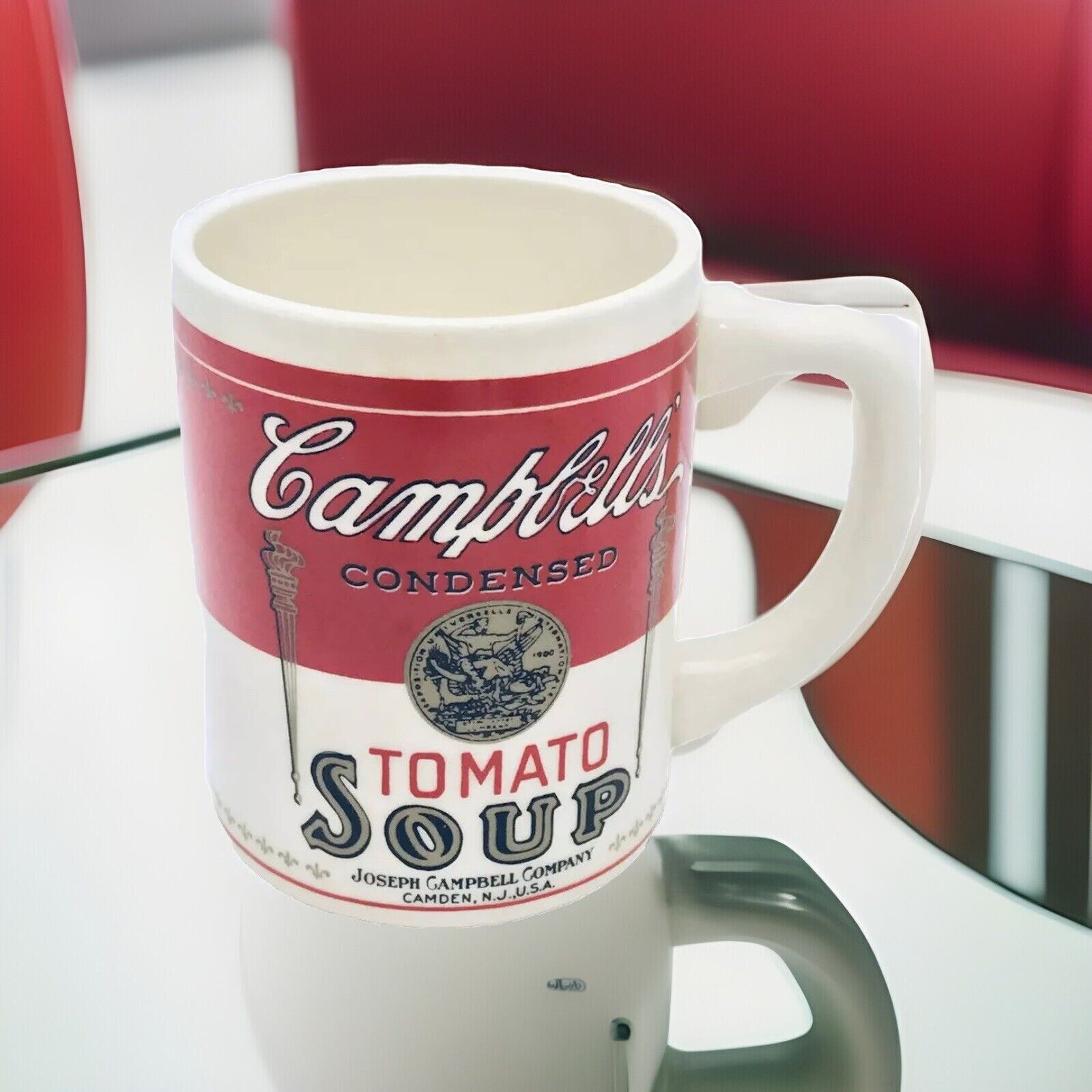 Vintage CAMPBELLS SOUP MUG Coffee Cup Tomato Condensed Soup Can Seal Ceramic USA